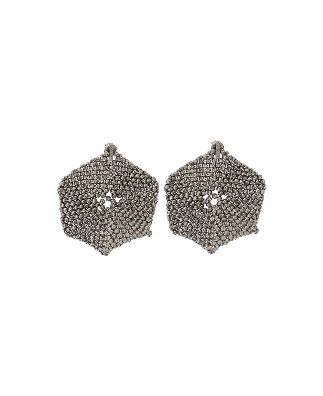 Brunello Cucinelli Metallic Hexagonal Earings With Beads Embellishments In Silver Woman - Metallic