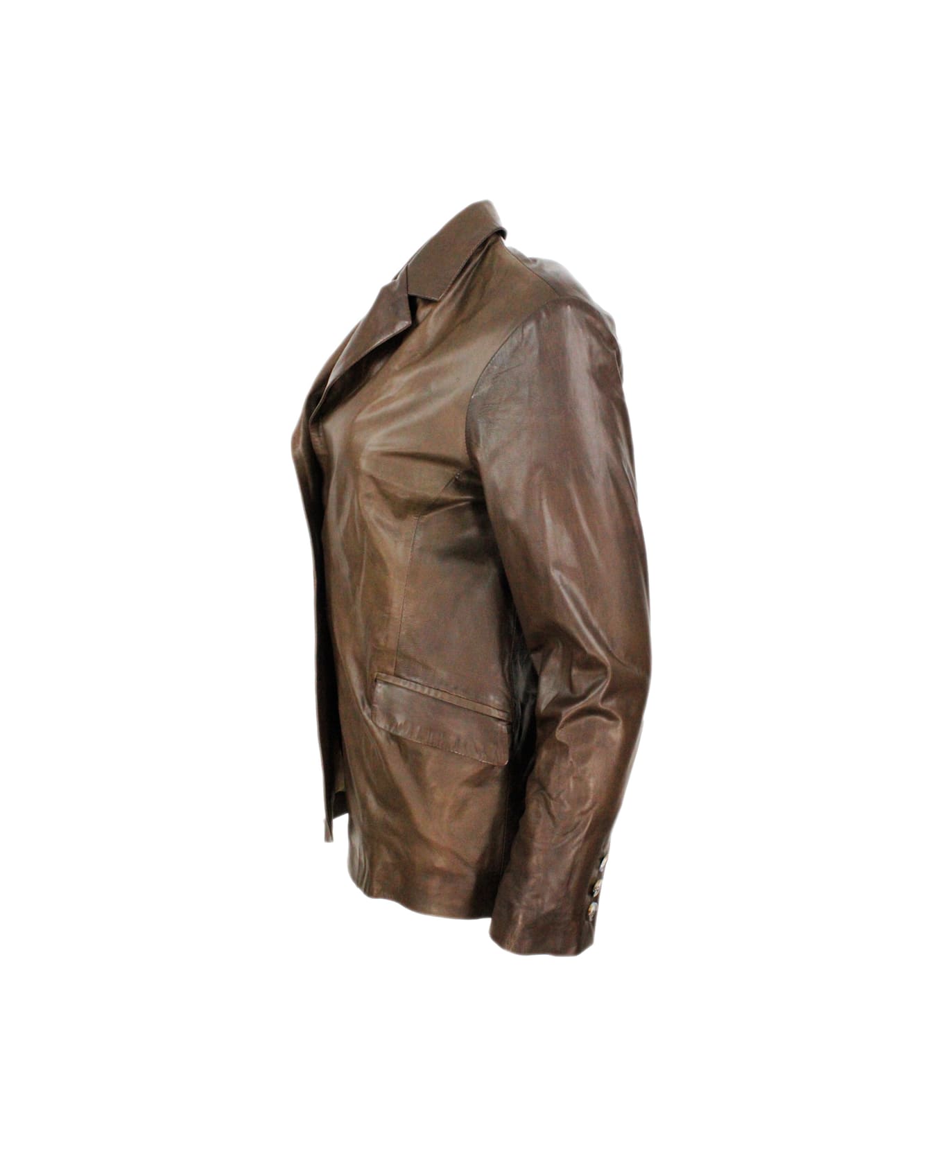 Barba Napoli Soft Leather Blazer Jacket With 2 Button Closure And Flap Pockets - Brown