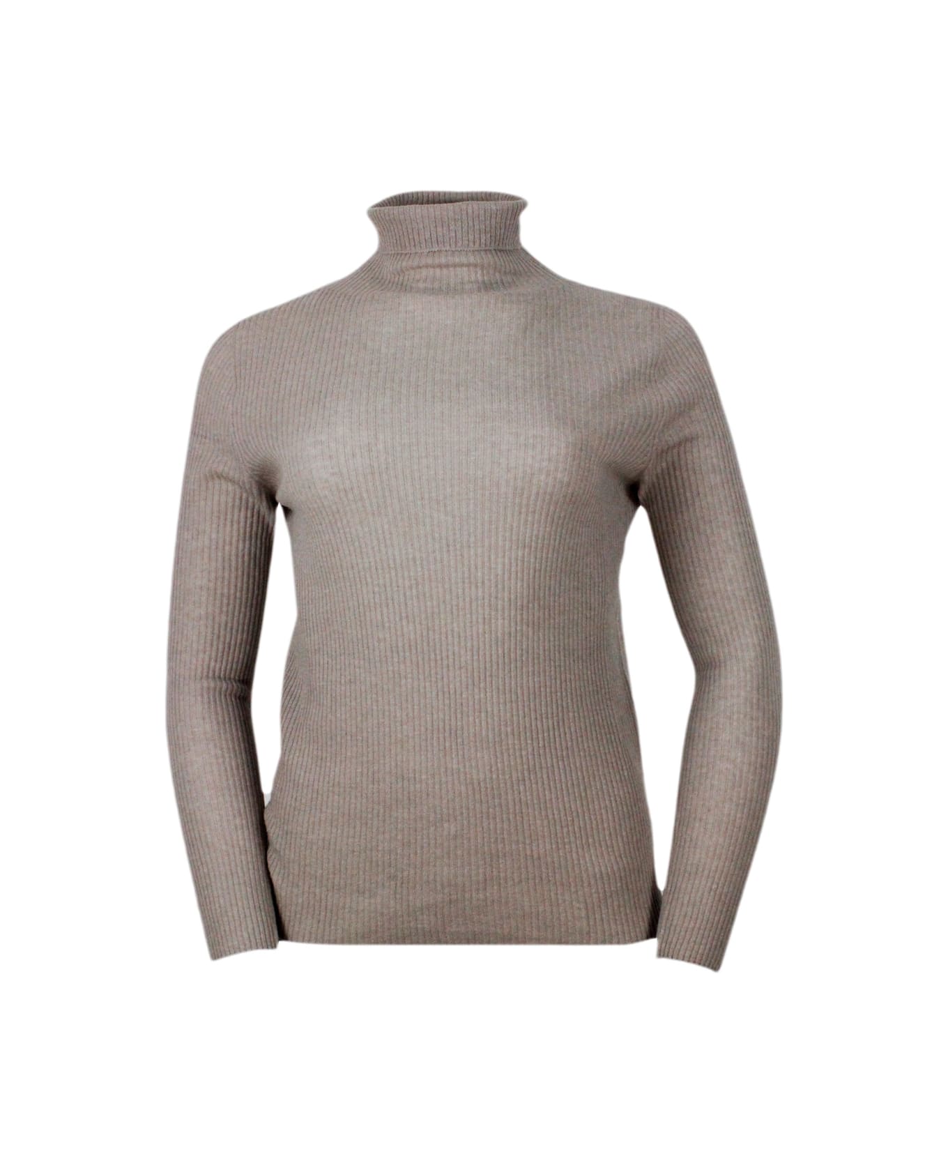 Fabiana Filippi Lightweight Turtleneck Long-sleeved Sweater In Soft And Fine Wool, Silk And Cashmere With Small Rib Knit - Nut ニットウェア