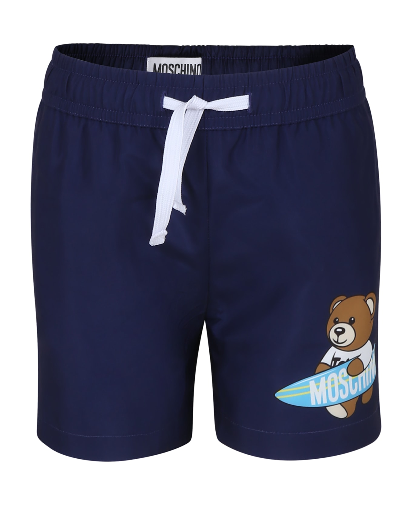 Moschino Blue Swimshorts For Boy With Teddy Bear And Logo - Blue