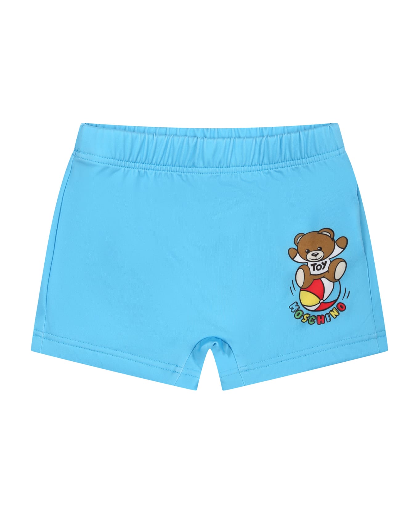 Moschino Light Blue Swimsuit For Baby Boy With Teddy Bear And Multicolor Logo - Light Blue