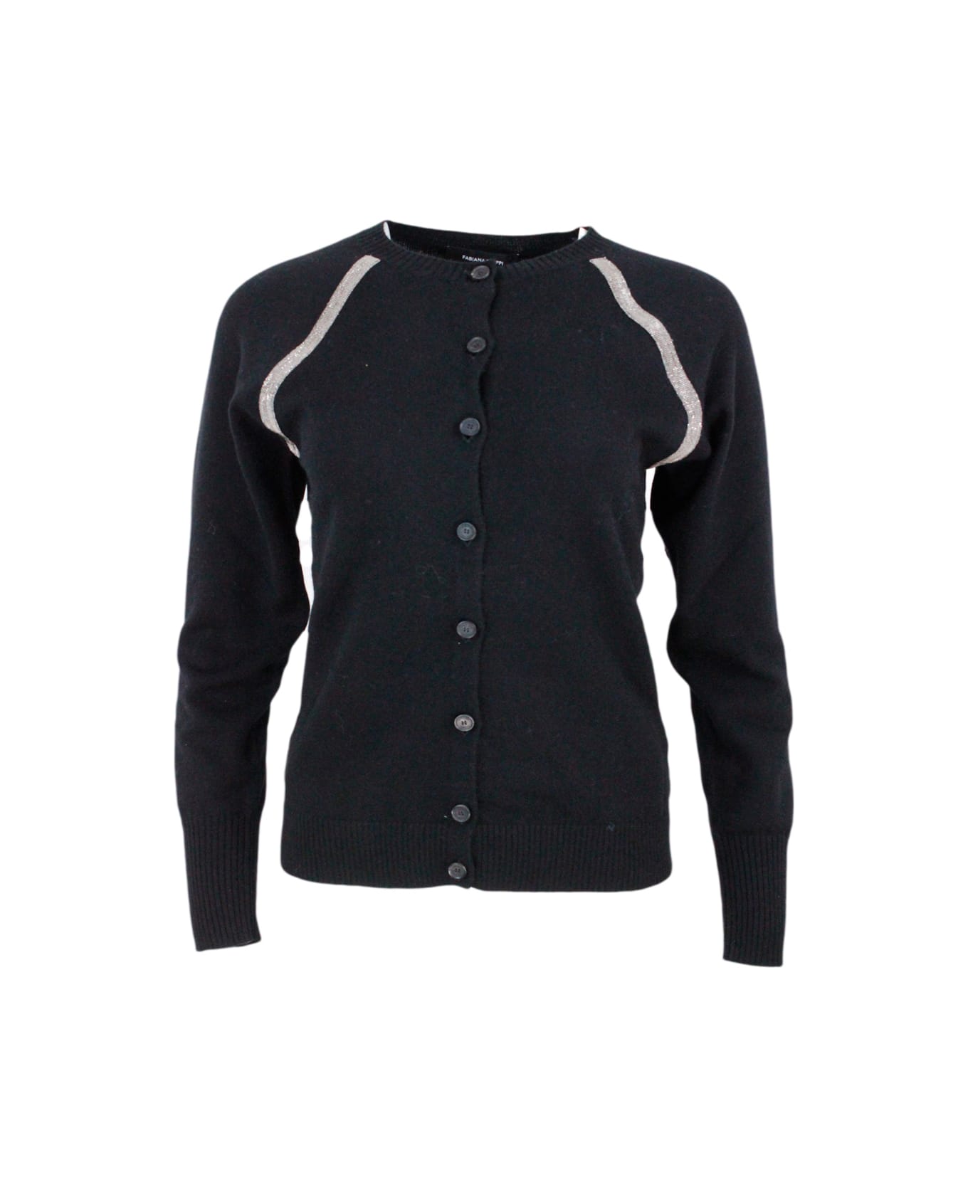 Fabiana Filippi Cardigan Sweater With Crew Neck And Button Closure In 100% Cashmere Embellished With Brilliant Monili On The Armhole - Black カーディガン