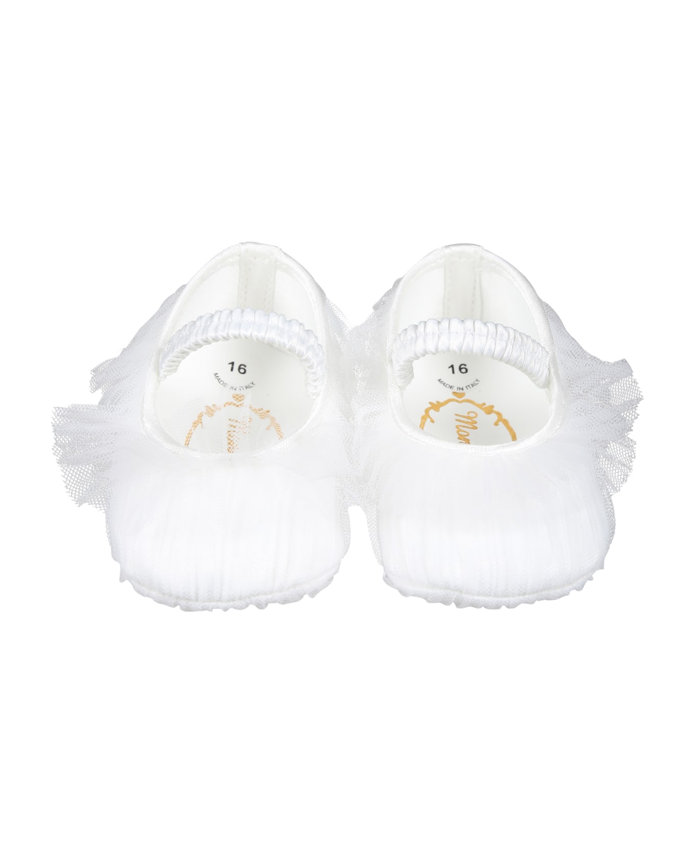 Monnalisa White Flat Shoes For Baby Girl With Tulle Bow - White