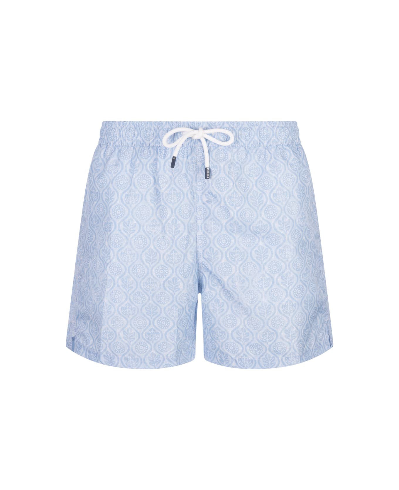 Fedeli Light Blue Swim Shorts With Flower And Leaf Pattern - Blue