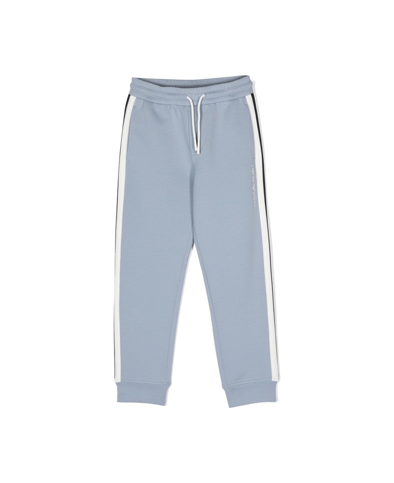 Emporio Armani Light Blue Joggings Pants With Drawstring And Contrasting Band In Cotton Blend Boy - Blu