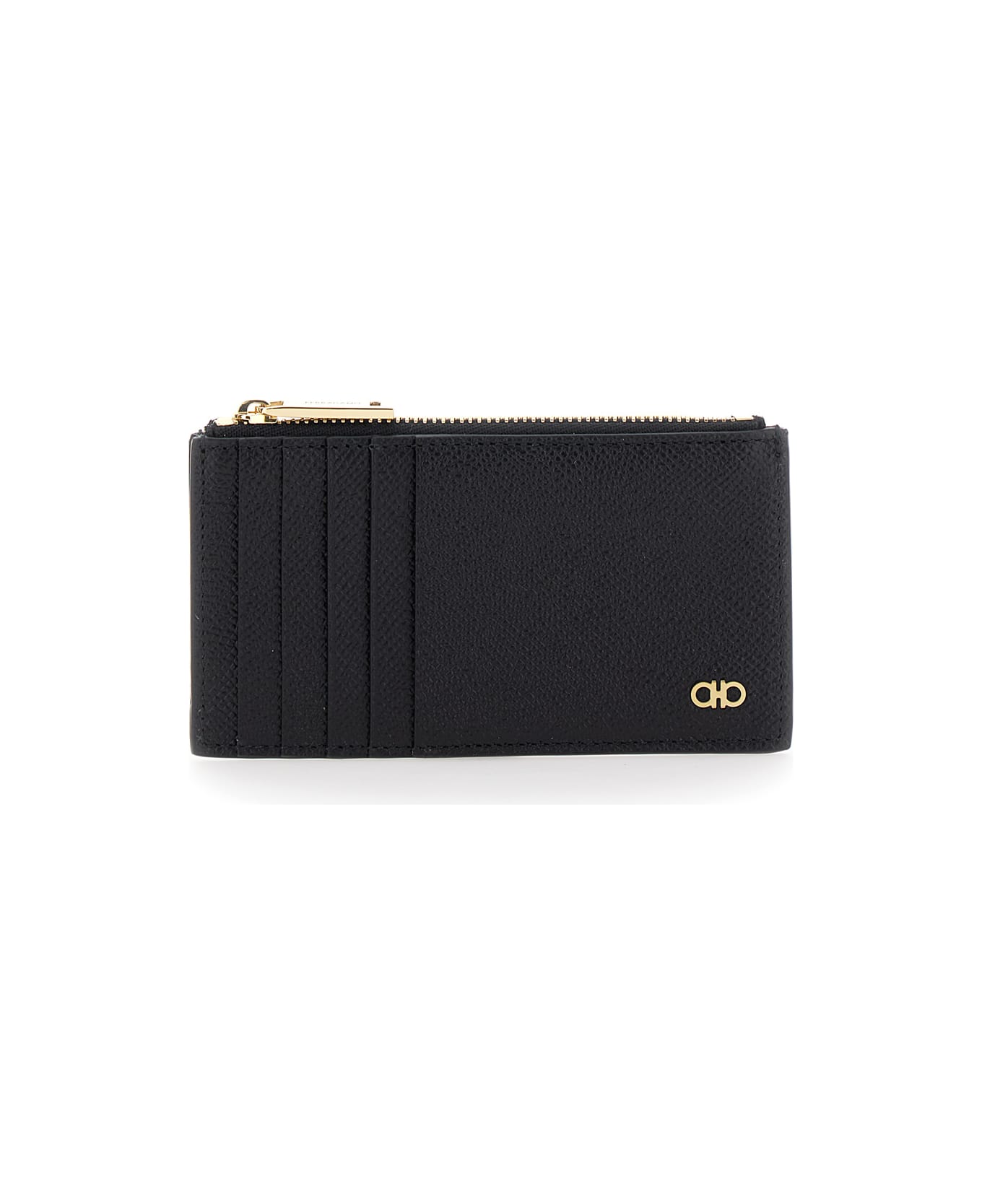 Ferragamo Black Card-holder With Micro Gancini Detail In Hammered Leather Man - Black