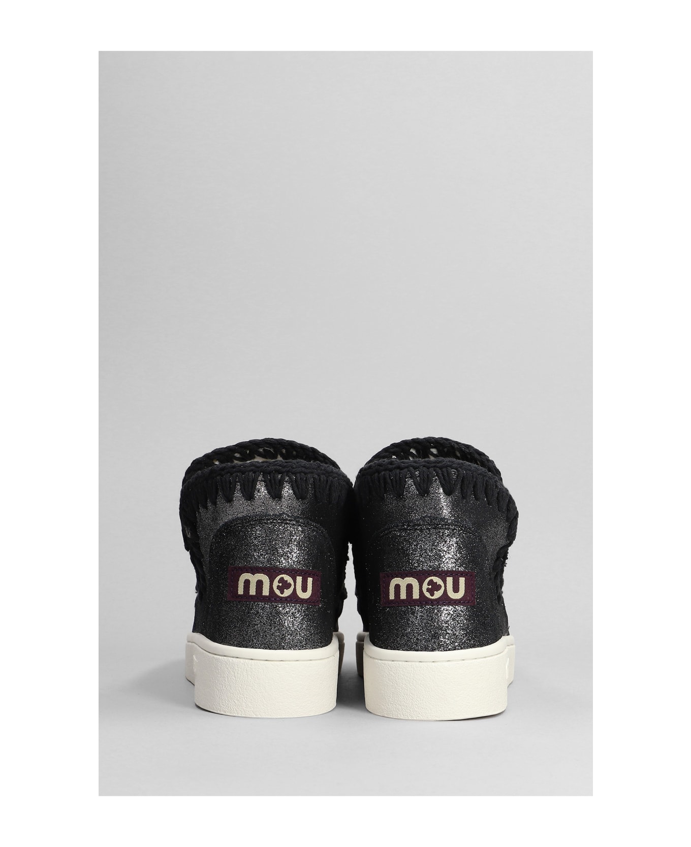 Mou Eskimo Sneaker Low Heels Ankle Boots In Black Glitter - black