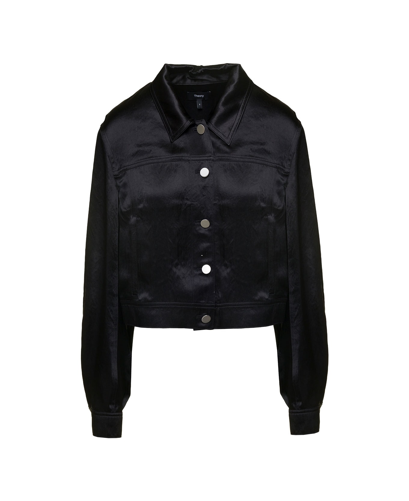 Theory Black Cropped Shirt With Buttons In Satin Fabric Woman - Nero