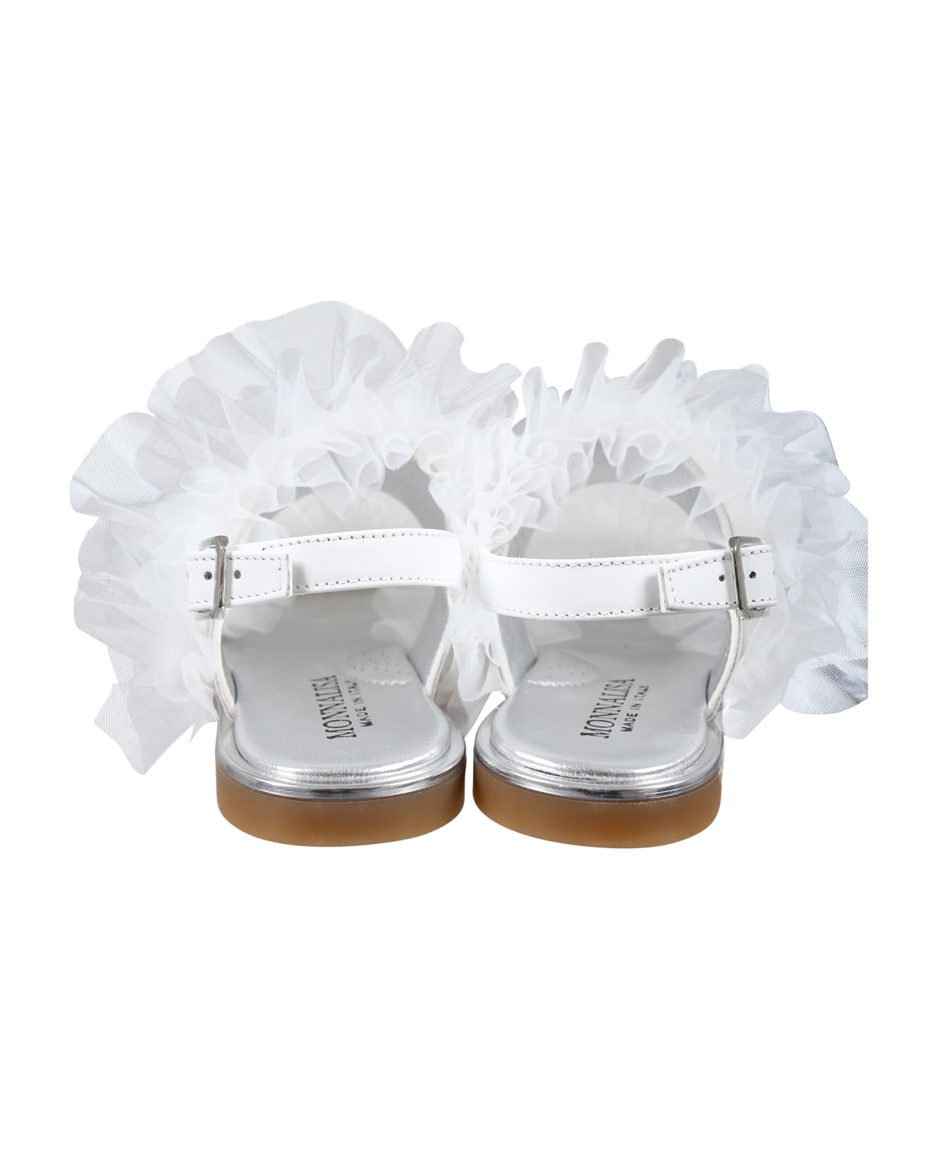 Monnalisa White Sandals For Girl With Tulle Bow - White