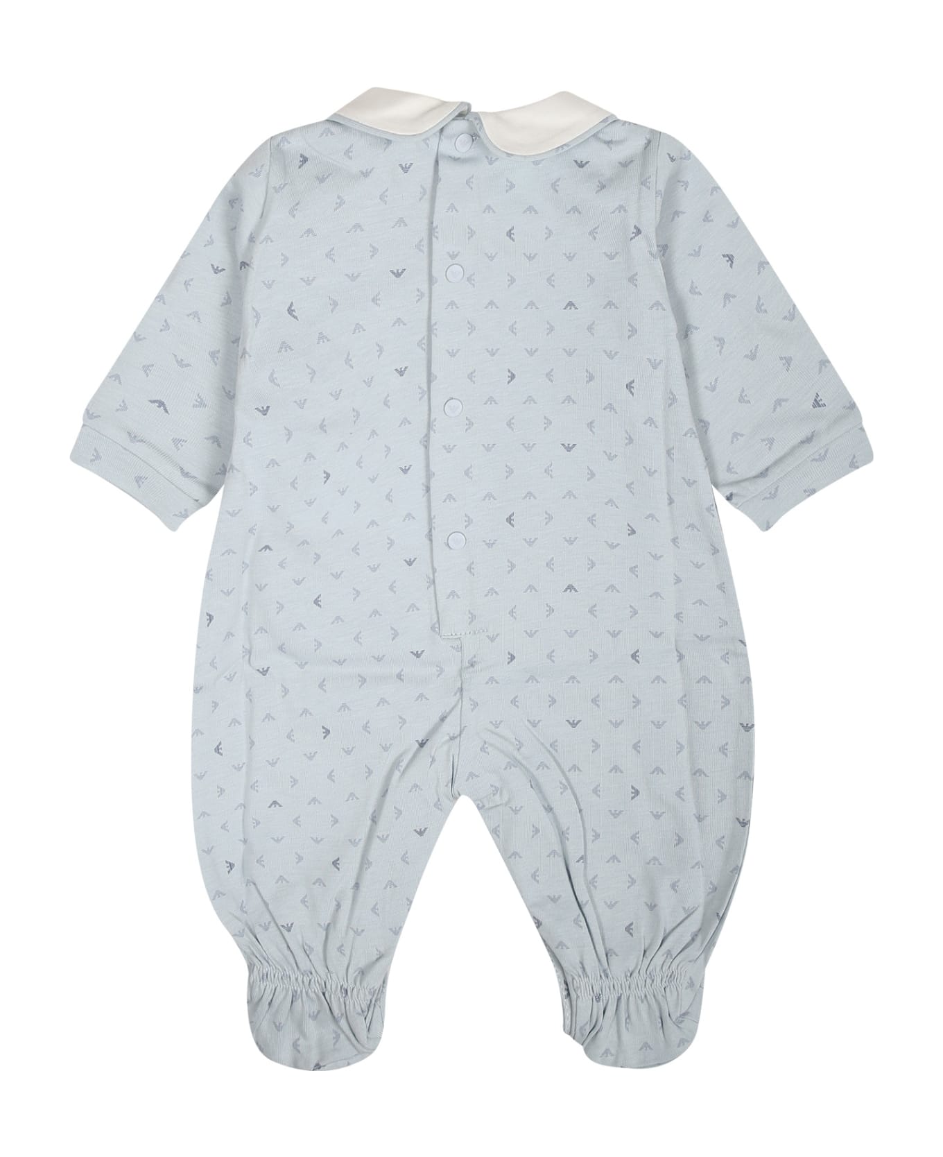 Emporio Armani Light Blue Playsuit For Baby Boy With All-over Eagle Logo - Light Blue ボディスーツ＆セットアップ
