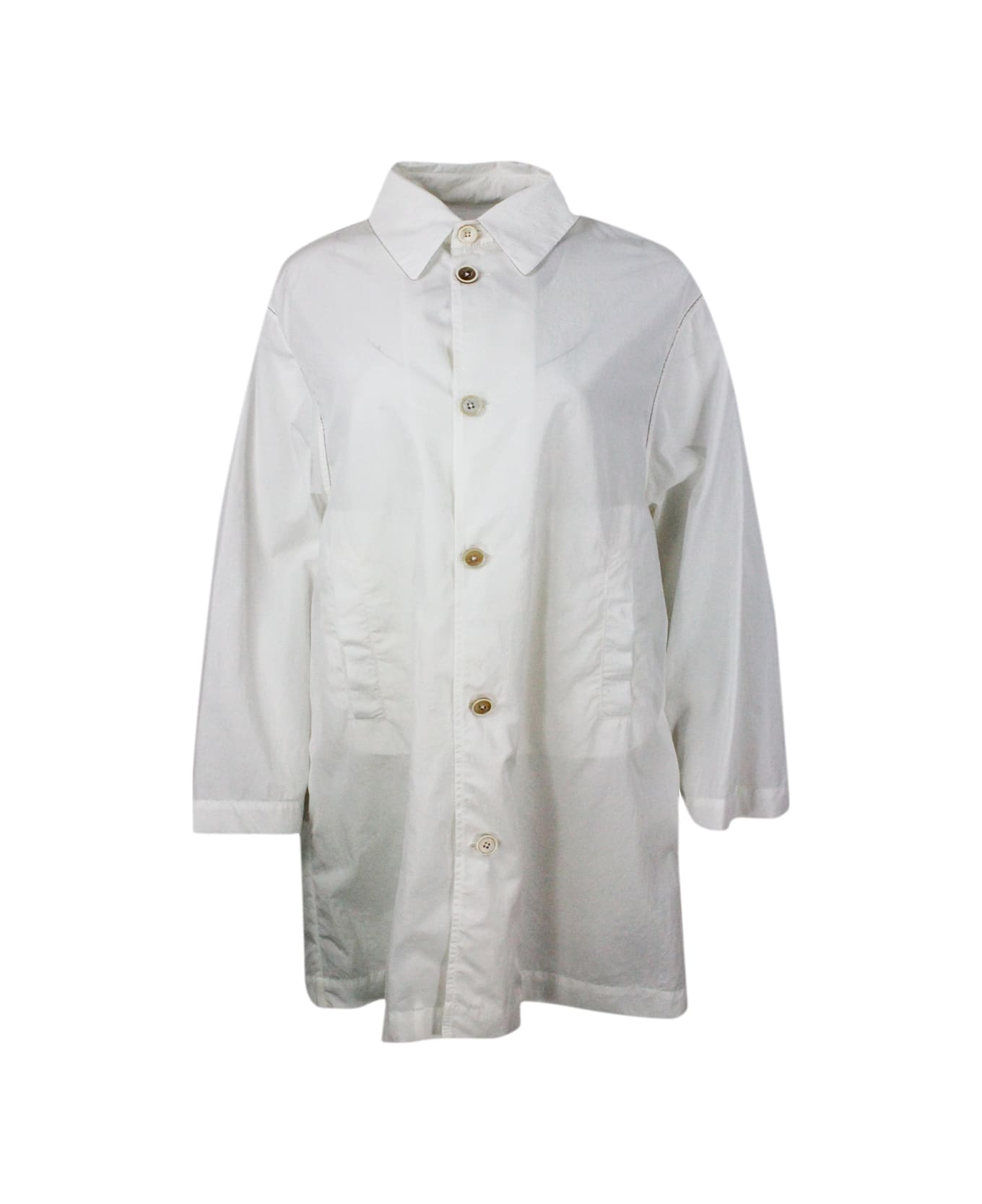 Fabiana Filippi Lightweight Nylon Windproof Outerware With Collar And Button Closure Embellished With Rows Of Brilliant Monili - White