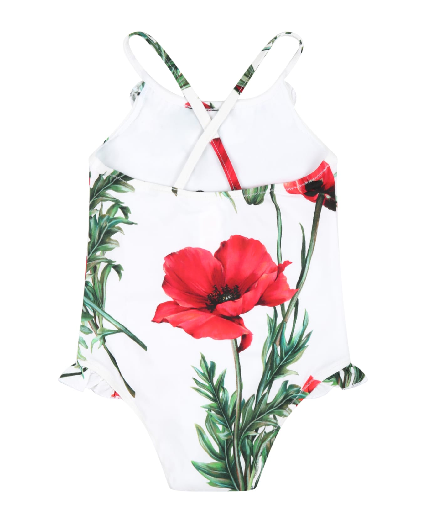 Dolce & Gabbana White Swimsuit For Baby Girl With Poppies And Logo - Bianco