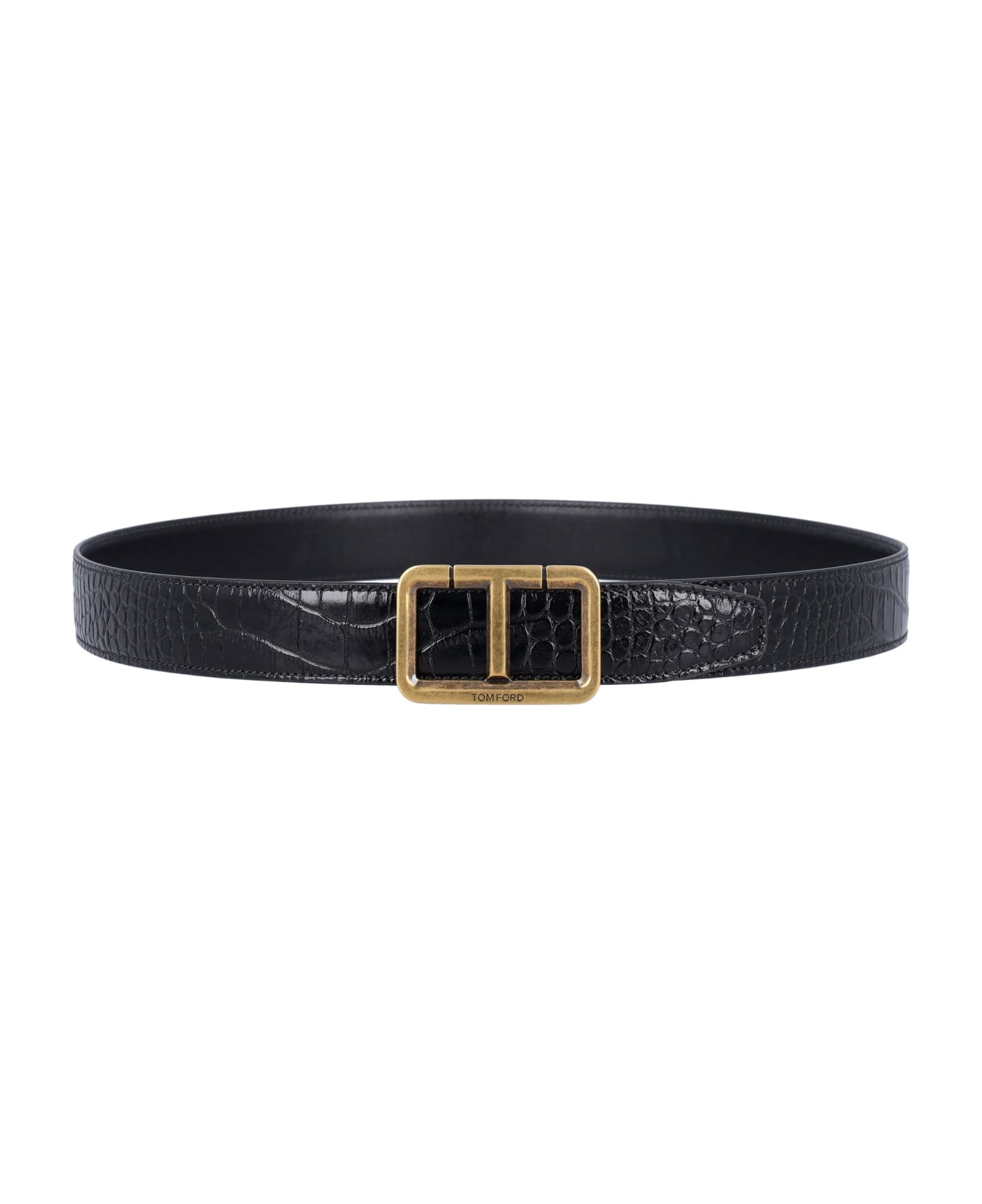 Tom Ford Crocco Print Scored Belt - BLACK GOLD