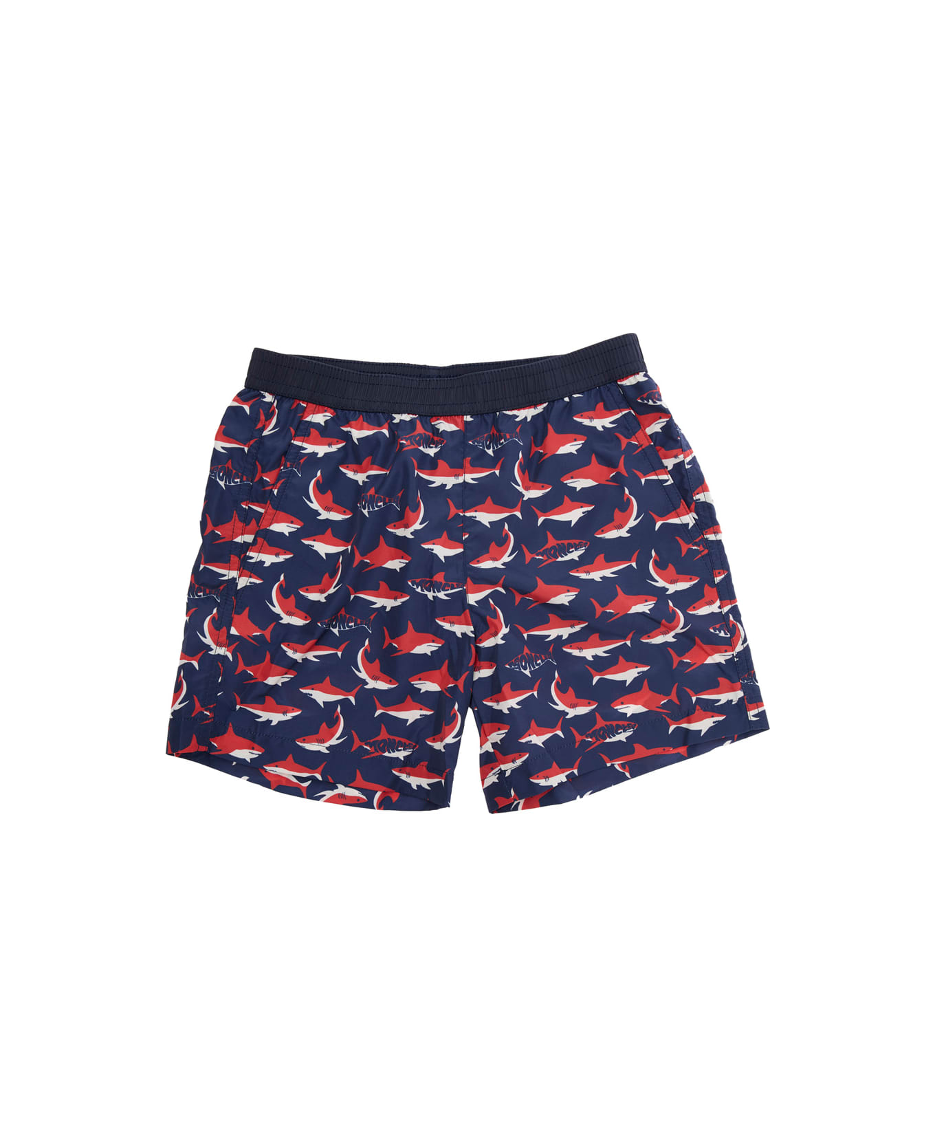 Moncler Multicolor Swimsuit With All-over Shark Print And Logo Patch On The Back In Tech Fabric Boy - Multicolor