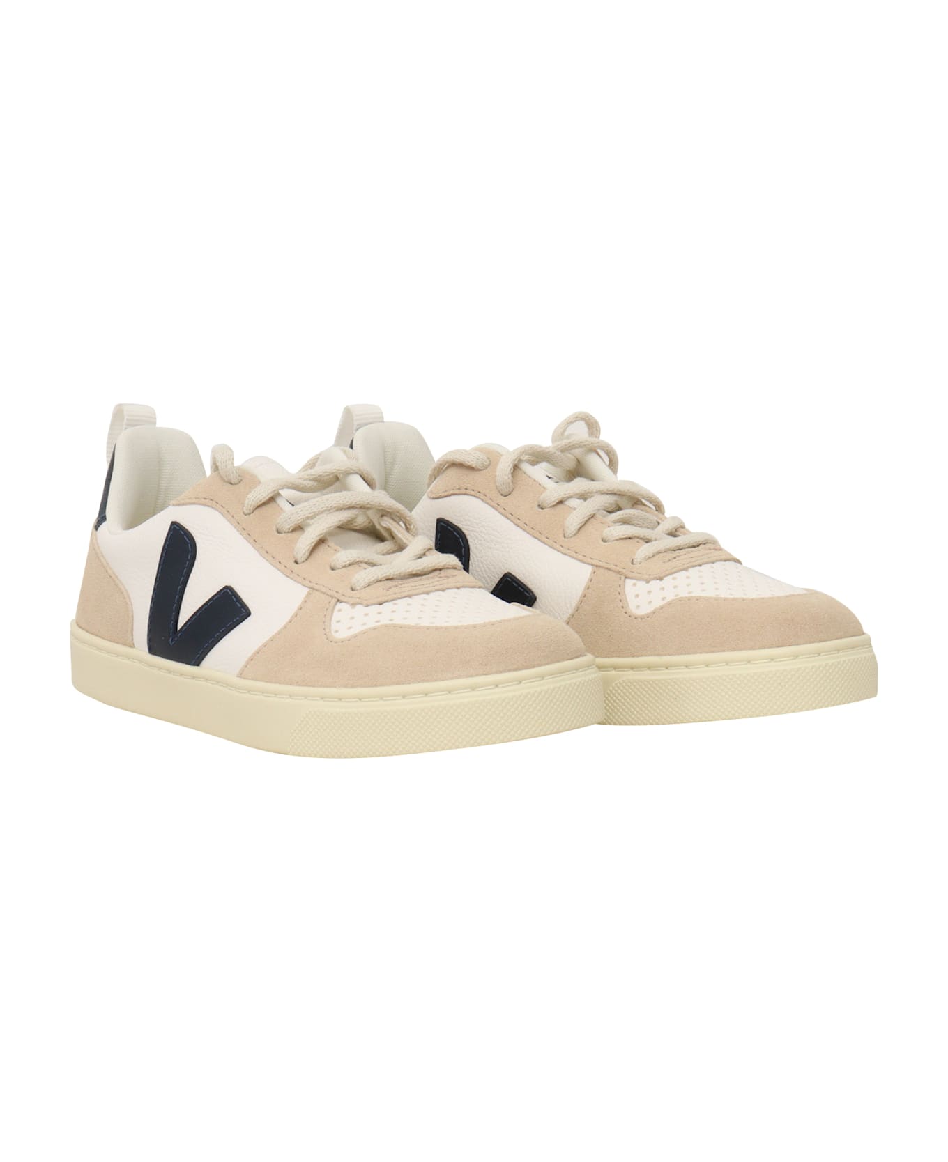 Veja Small V-10 Laces Chromefree Leather Extra-white_nautico_almond Sneakers - WHITE