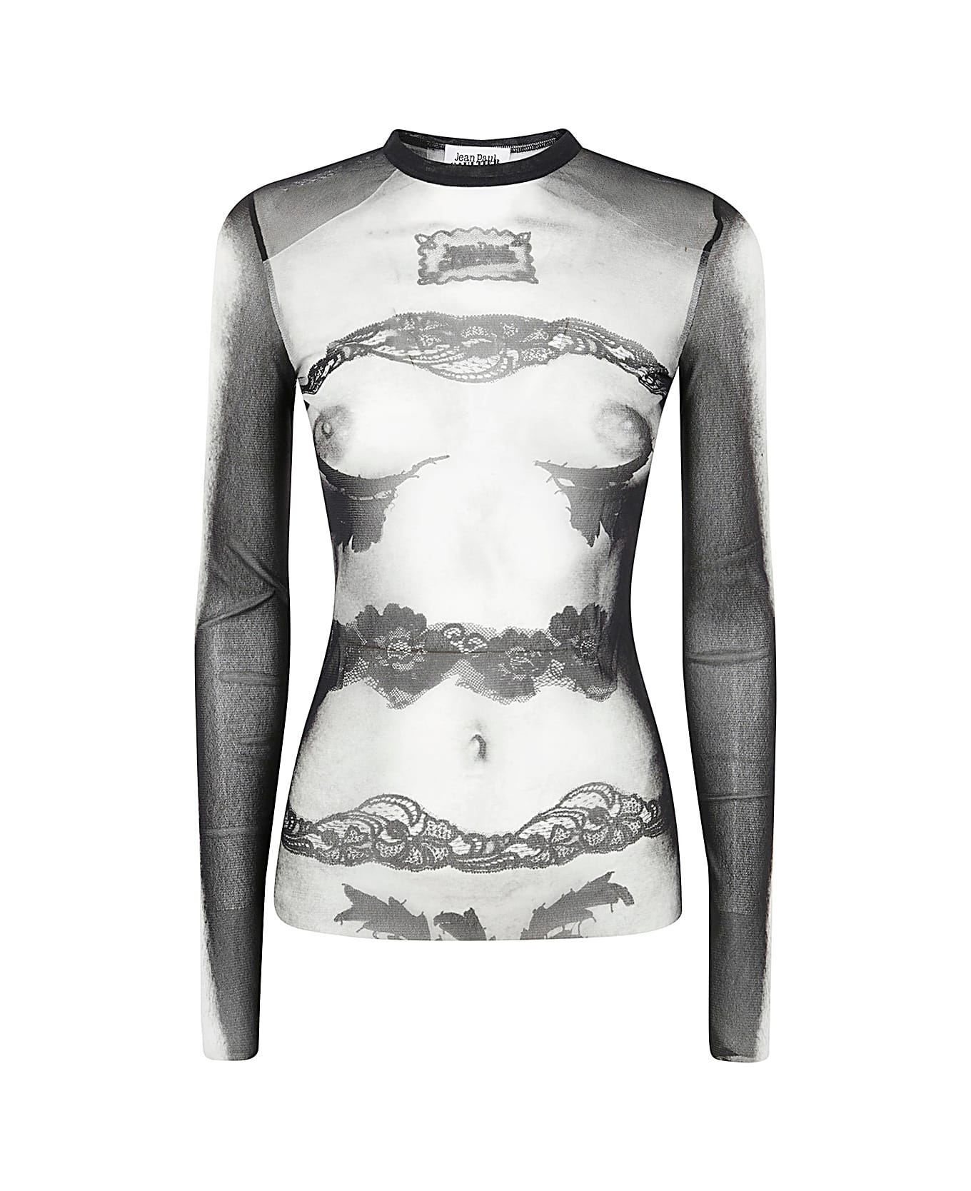 Jean Paul Gaultier Mesh Long Sleeve Top Printed "body Lace Mariniere" - Black Grey White