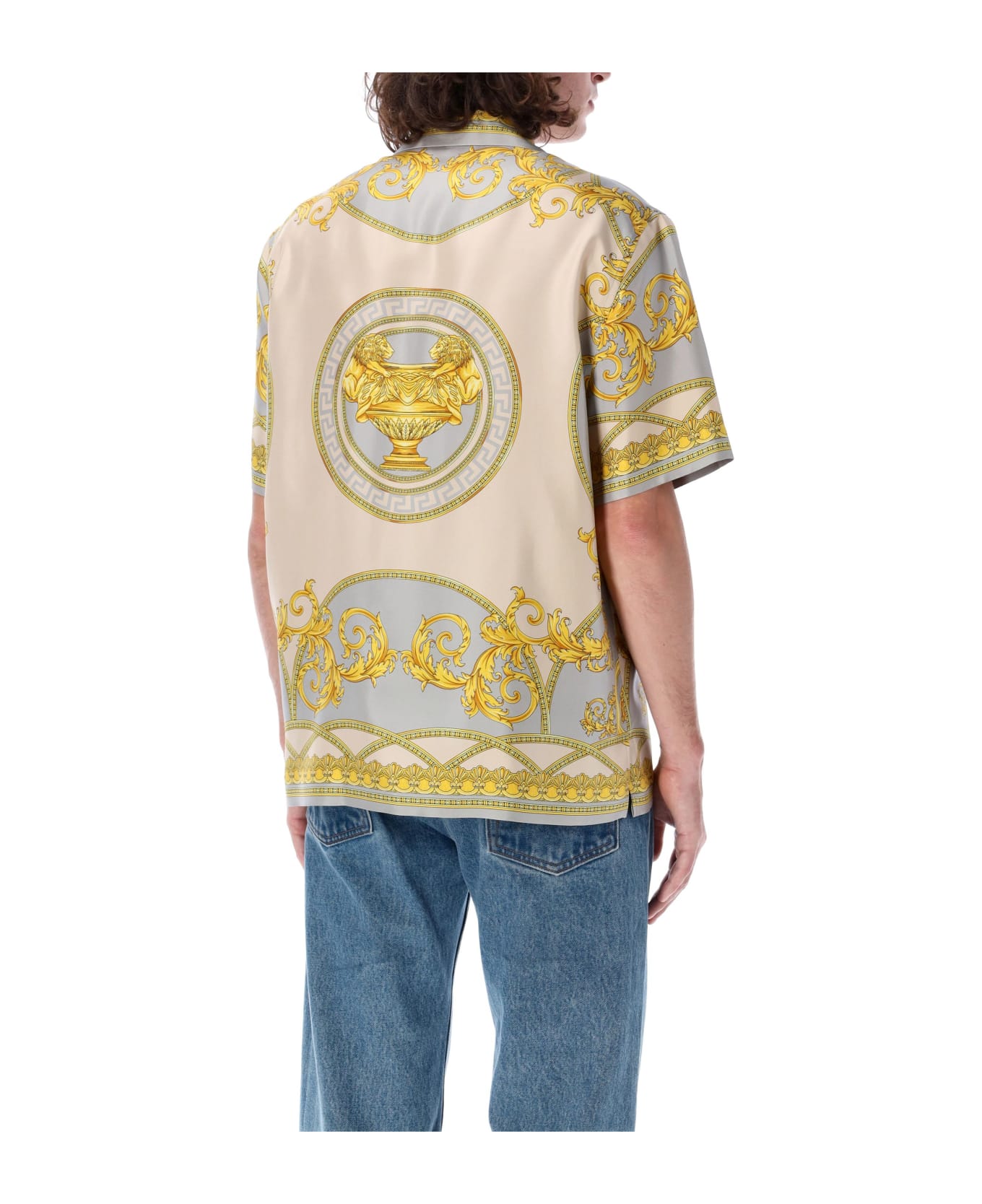 Versace Baroque Coupe Des Dieux Bowling Shirt - Concrete+mid Bone+gold