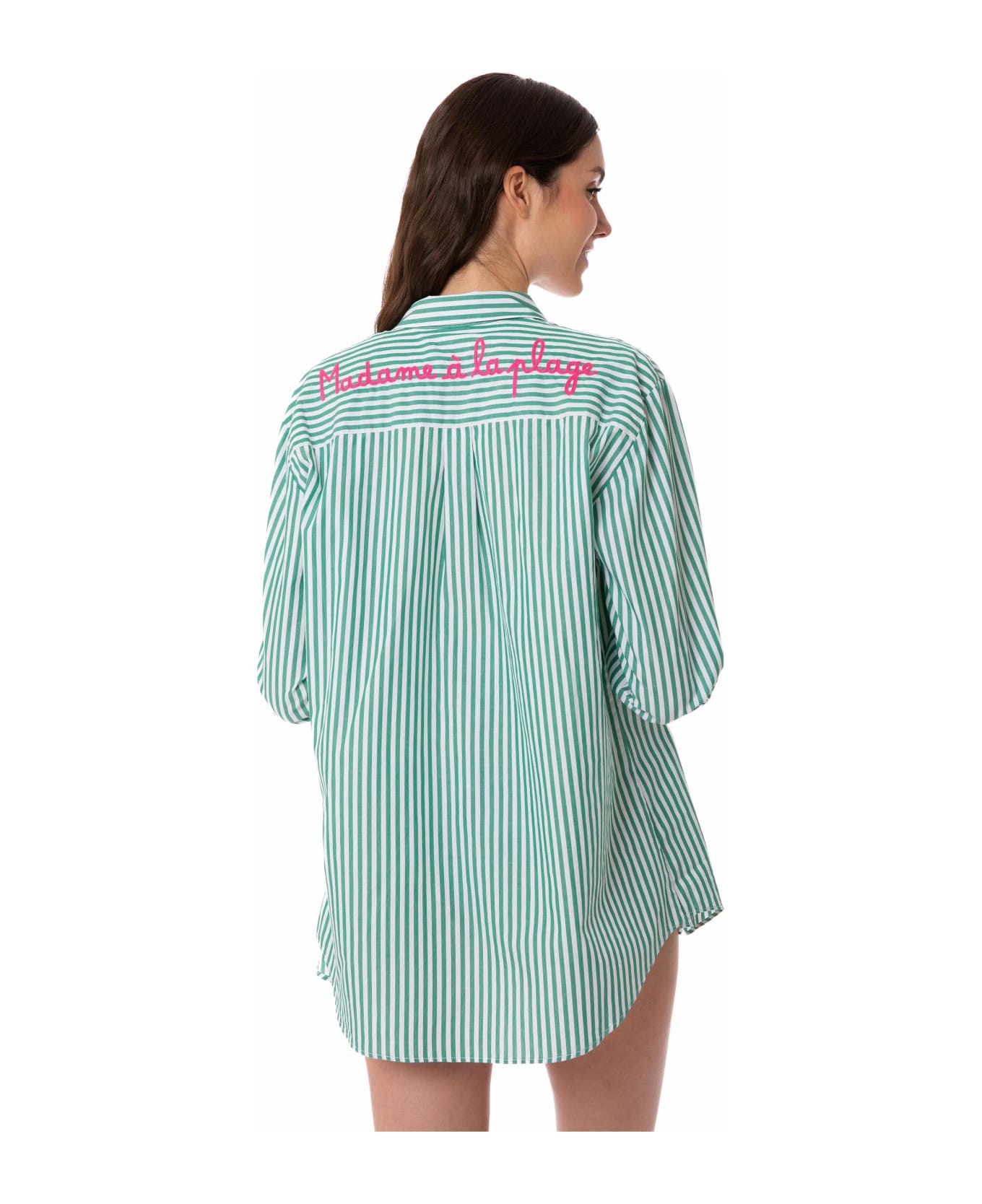 MC2 Saint Barth Green Striped Cotton Shirt With Embroidery - GREEN