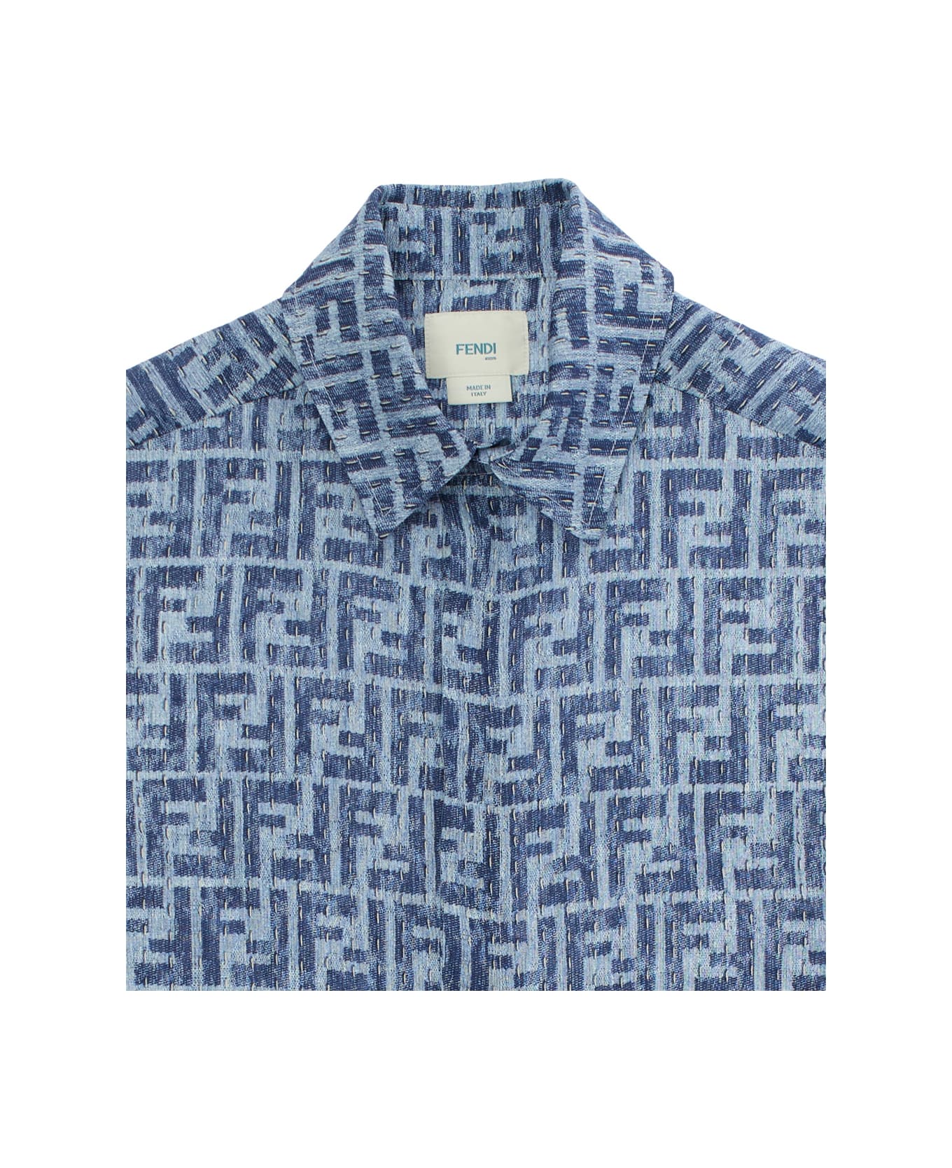 Fendi Blue Shirt With Classic Collar And All-over Ff Motif In Linen Boy - Blu