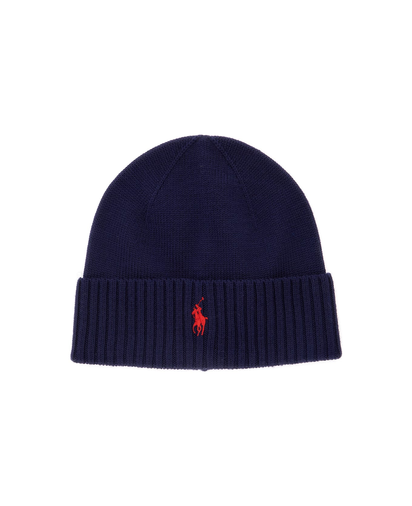 Ralph Lauren Blue Scarf And Beanie Set With Pony Embroidery On The Front In Wool Man - HUNTER NAVY