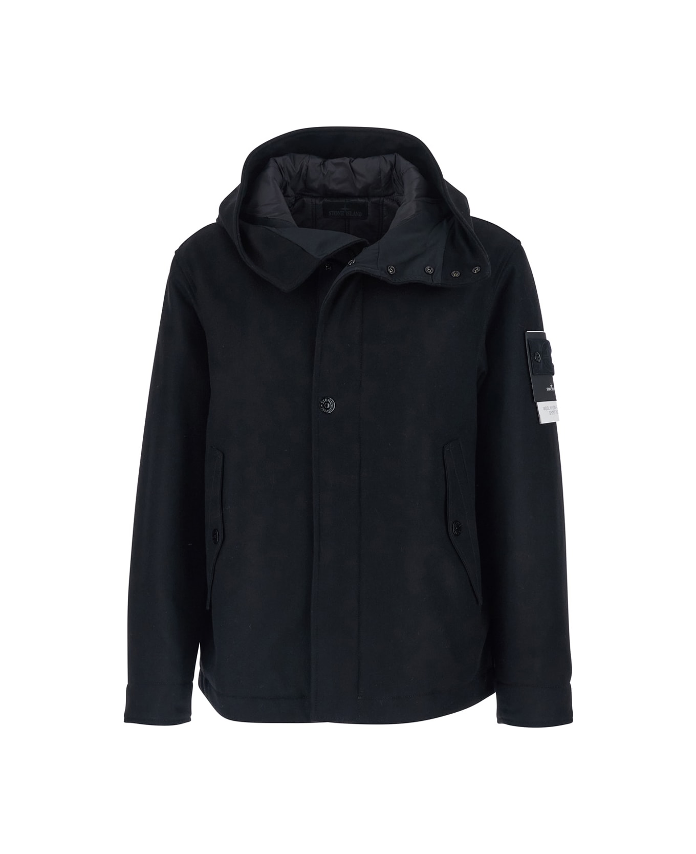 Stone Island Black Jacket With Drawstring Hood And Logo Plaque On The Sleeve In Wool Blend Woman - Black