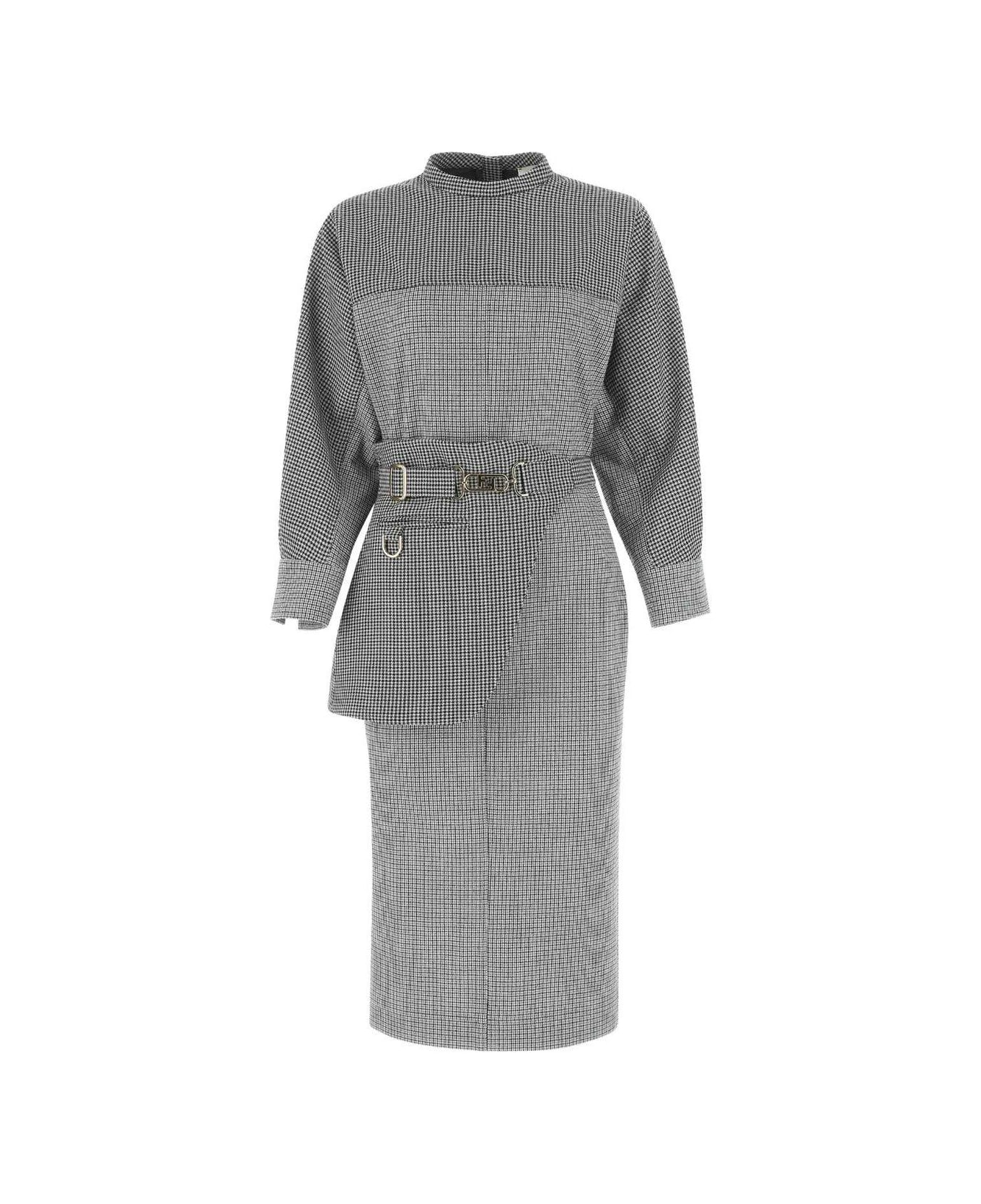 Fendi Houndstooth Patterned Belted Tailored Dress - GREY