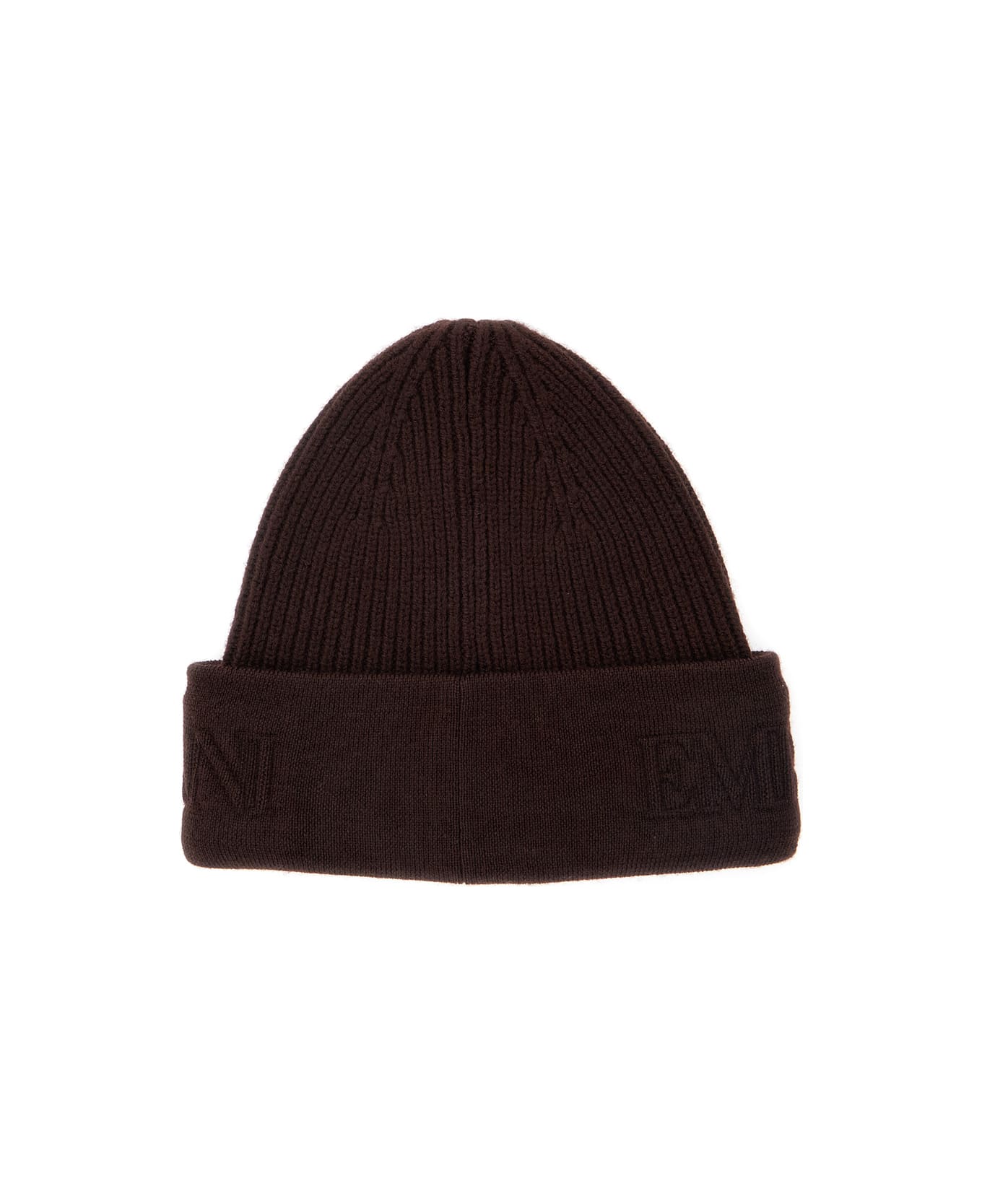 Emporio Armani Brown Beanie With Maxi Logo Embroidery On The Front In Wool Man - Brown