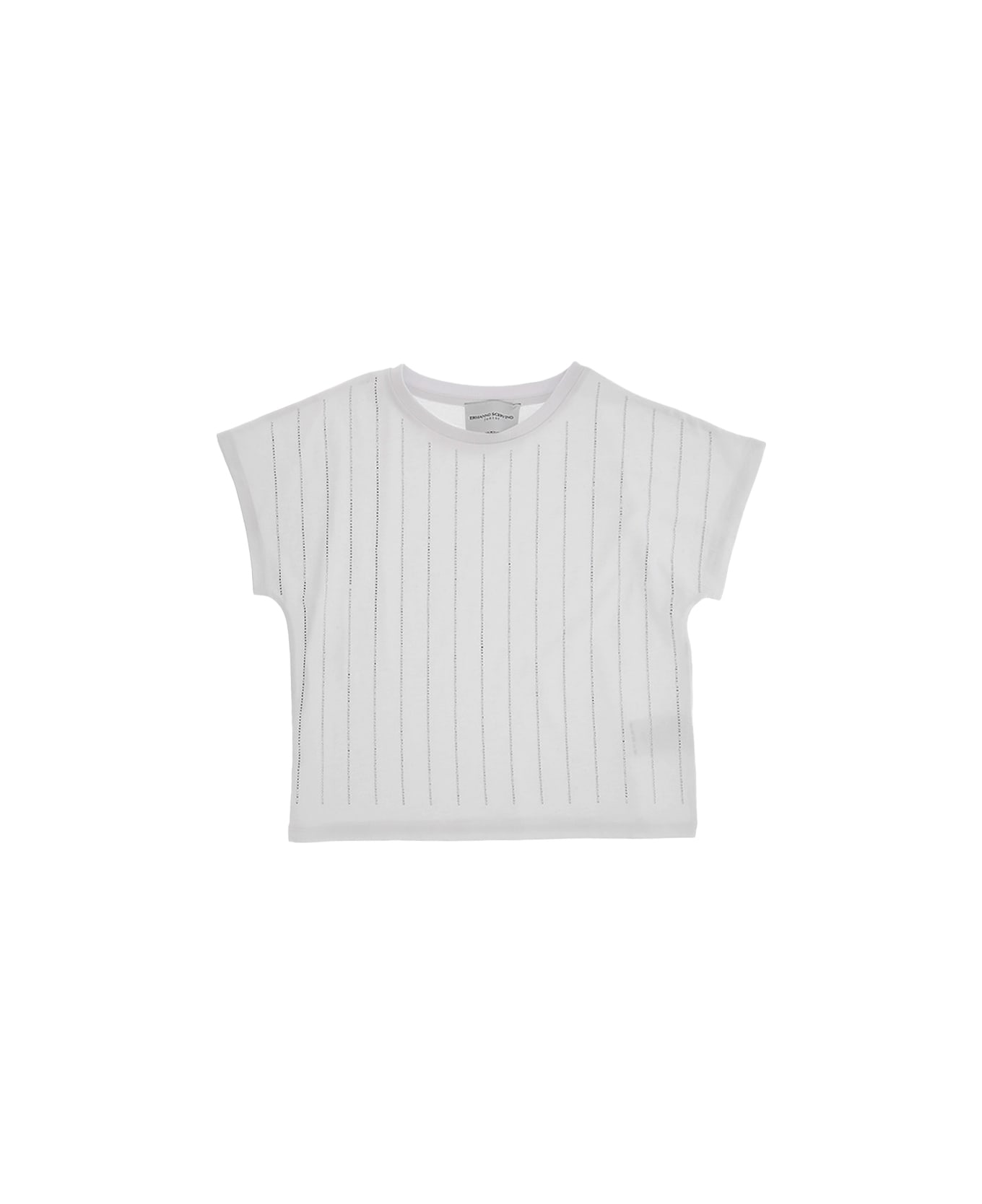 Ermanno Scervino Junior White T-shirt With Rhinestone Pinstripe Effect - White Tシャツ＆ポロシャツ