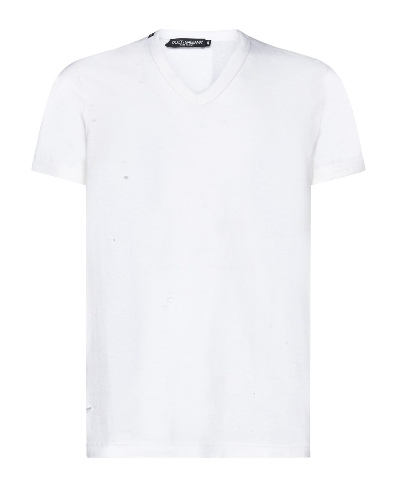 Dolce & Gabbana T-shirt With All-over Rips And Ri-edition Logo Patch - White
