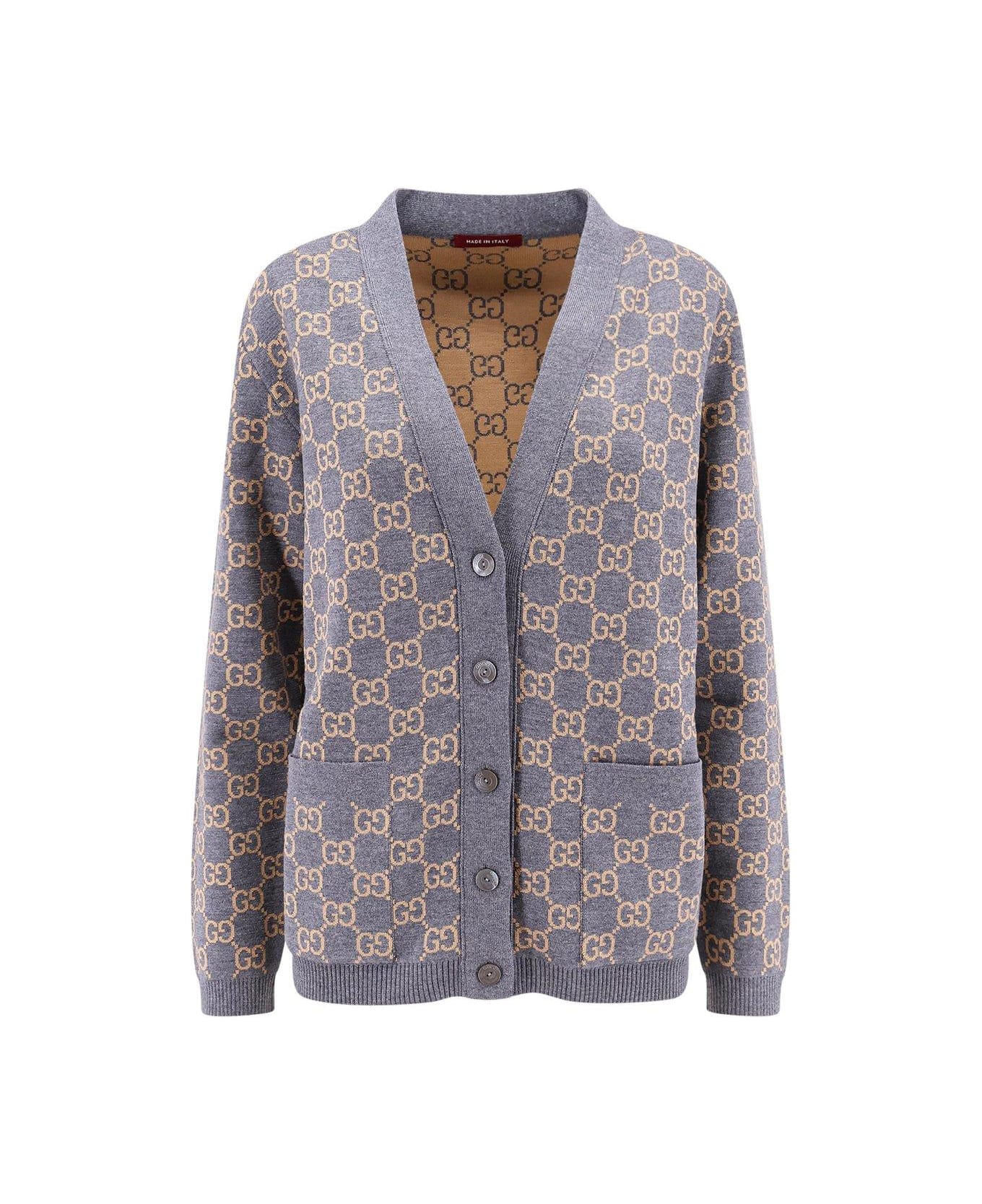 Gucci Monogrammed Intarsia Button-up Cardigan - Grey/camel