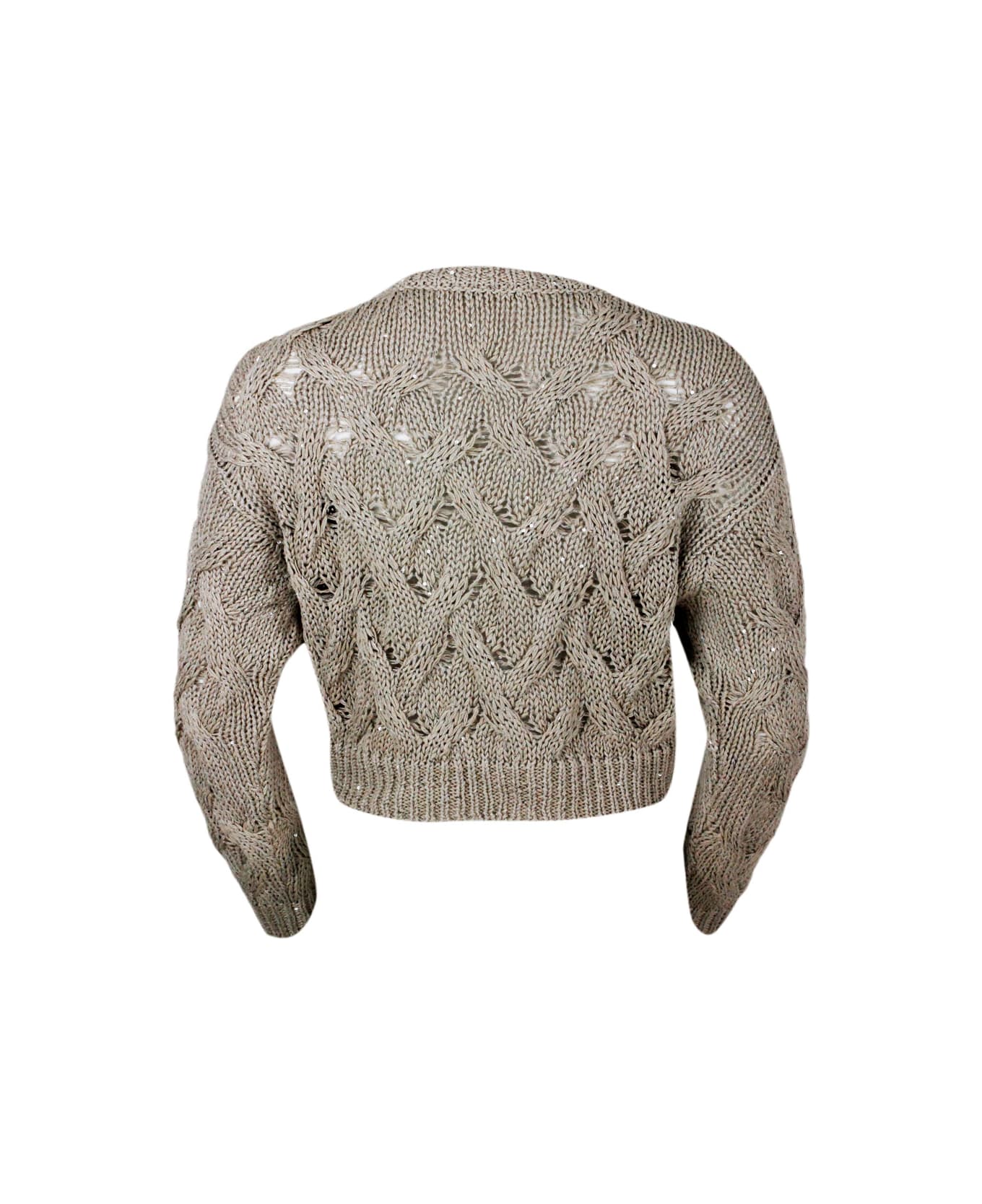 Antonelli Long-sleeved Crew-neck Sweater With Braided Workmanship Embellished With Microsequins - Beige