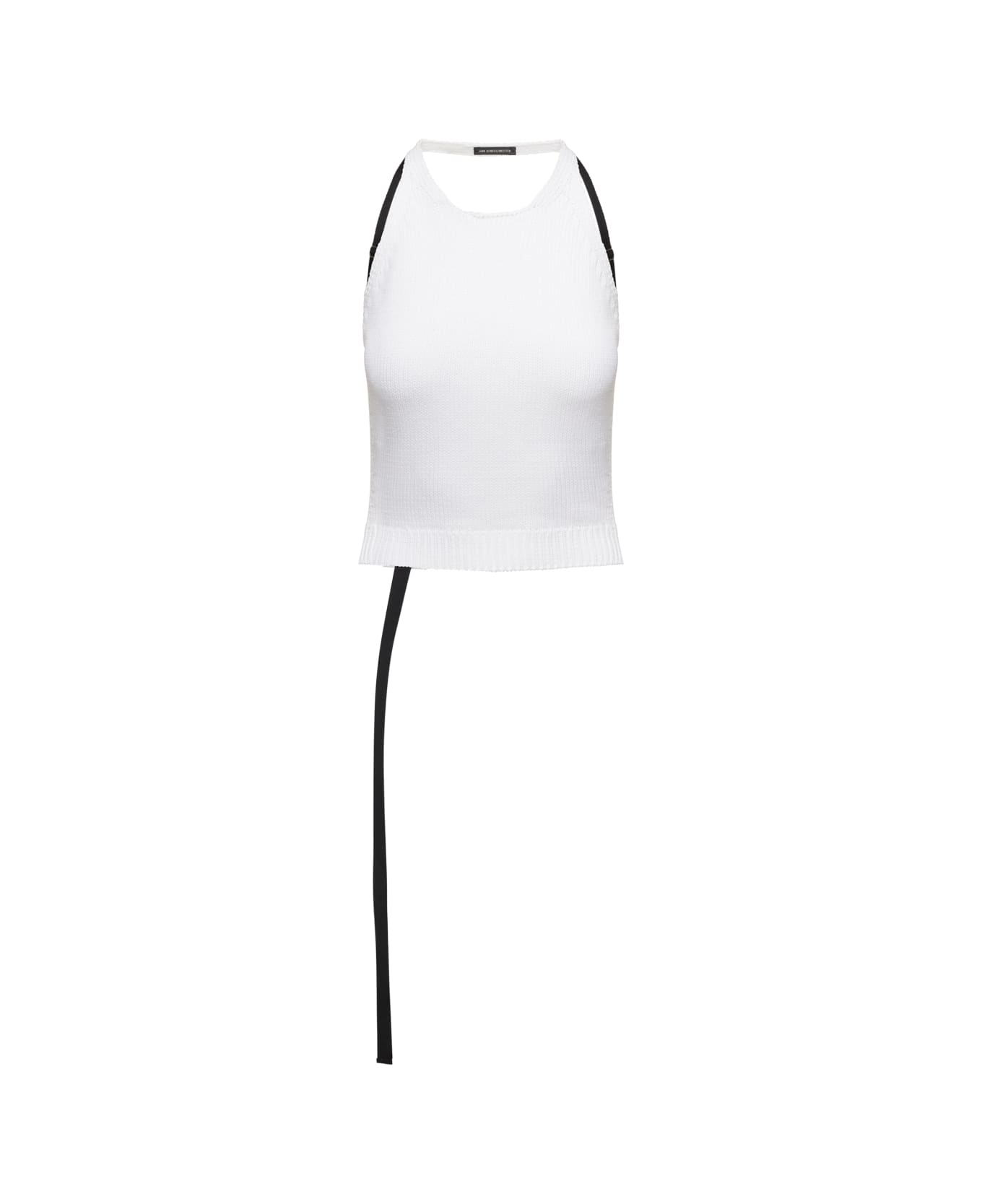 Ann Demeulemeester 'puro' White Knitted Crop Top With Open Back And Ribbon Detail In Cotton Woman Ann Demeulemeester - White