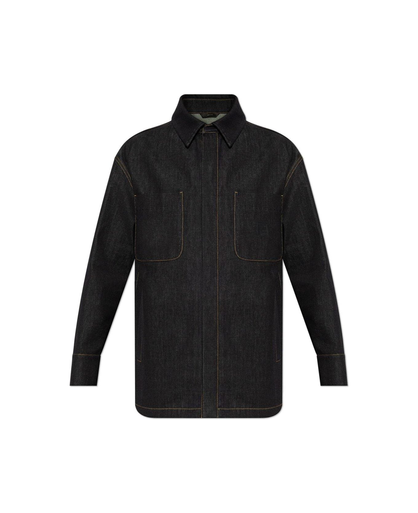 Fendi Logo Embroidered Denim Jacket - Blu