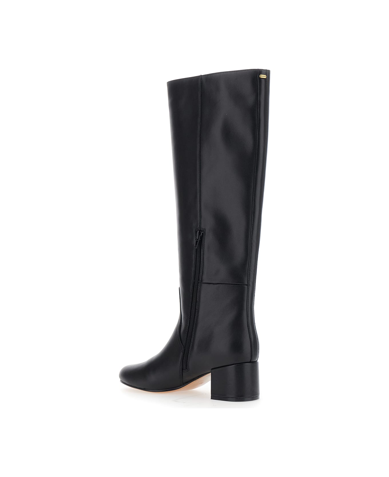 TwinSet Black Knee High Boots With Round Toe In Leather Woman - Black