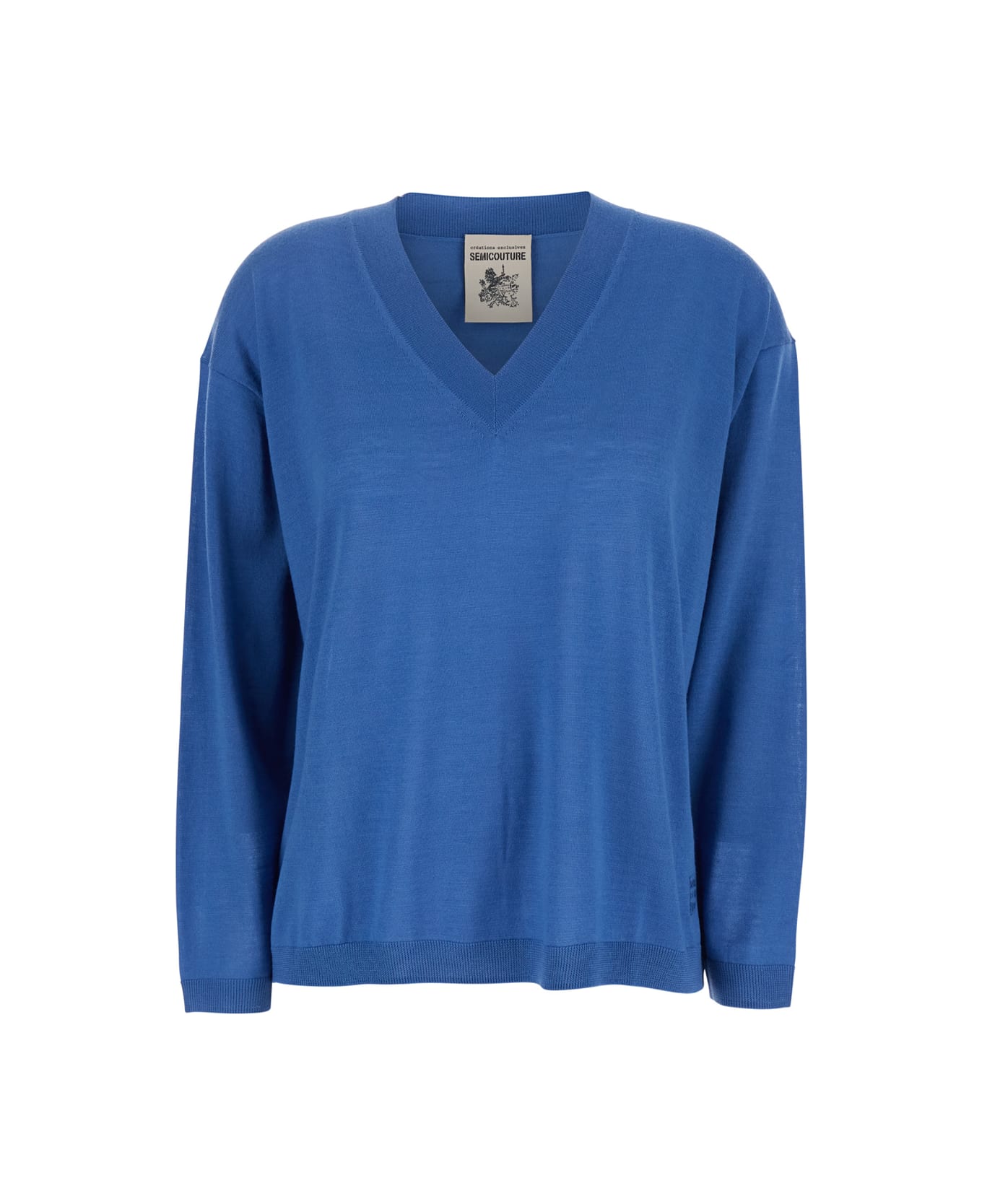 SEMICOUTURE Blue Sweater With V-neck And Logo Embroidered On The Side In Virgin Wool Woman - Blu