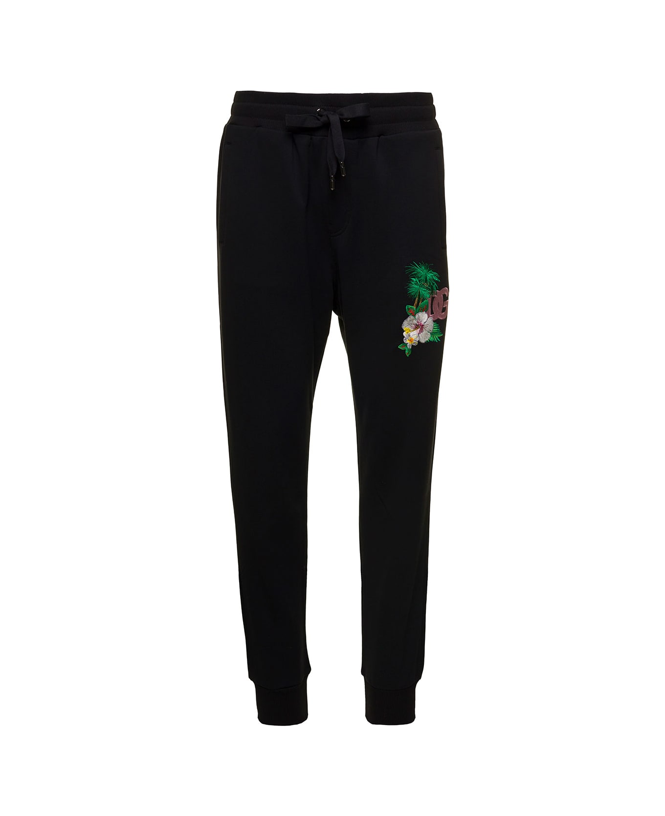 Dolce & Gabbana 'hawaii' Black Jogger Pants With Embroidery And Logo Patch Man Dolce & Gabbana - Black