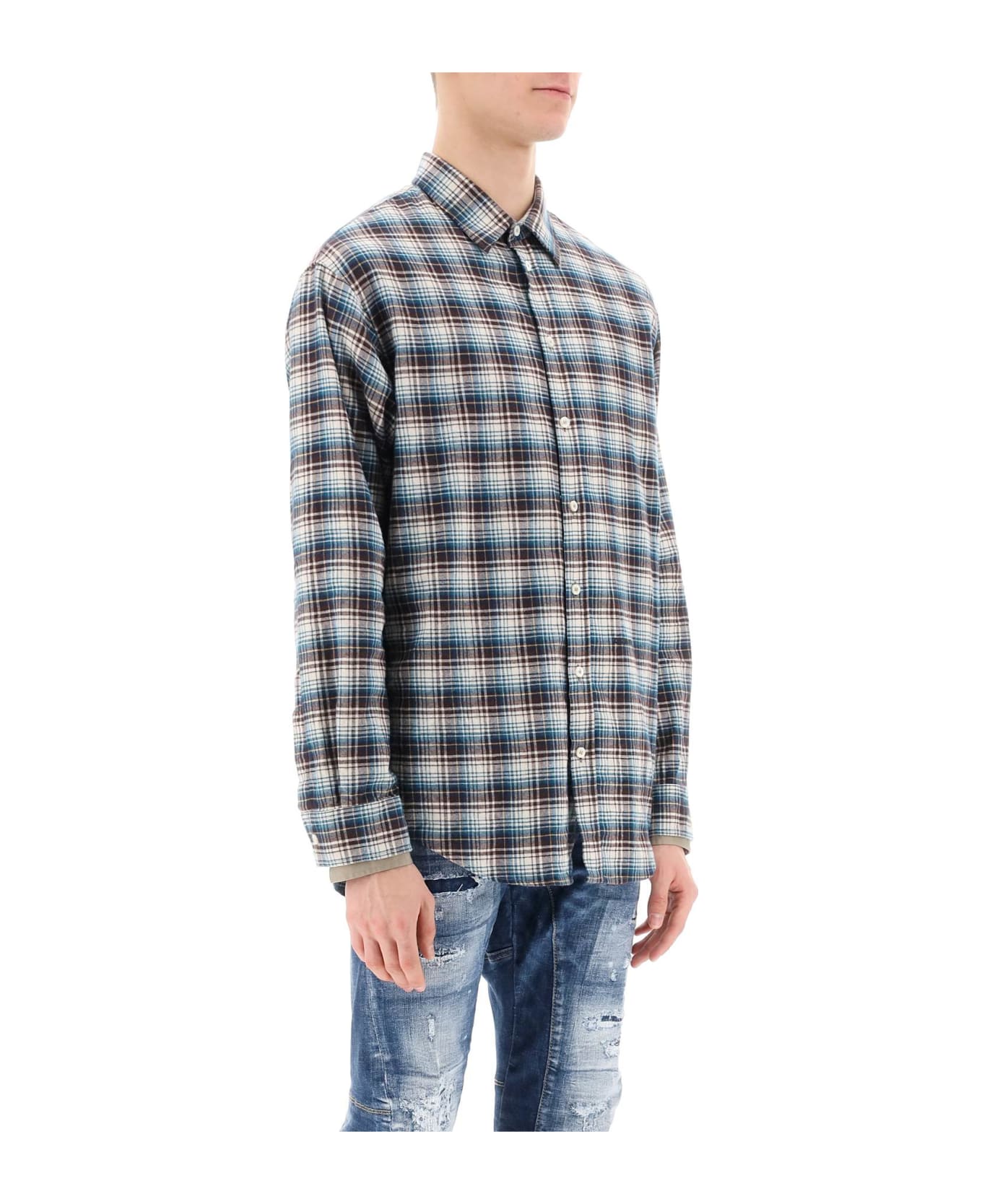 Dsquared2 Check Shirt With Layered Sleeves - IVORY BROWN GREEN (Blue)