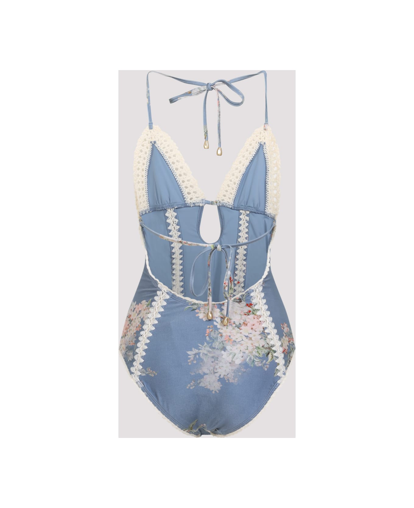 Zimmermann Cascadian Keyhole Crochet One-piece - Teal Blue Botanical Floral