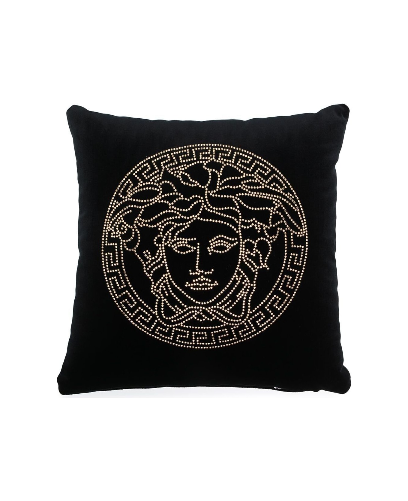 Versace Black Velvet Pillow With Gold Rhinestone Decoration Representing The Versace Logo - Black