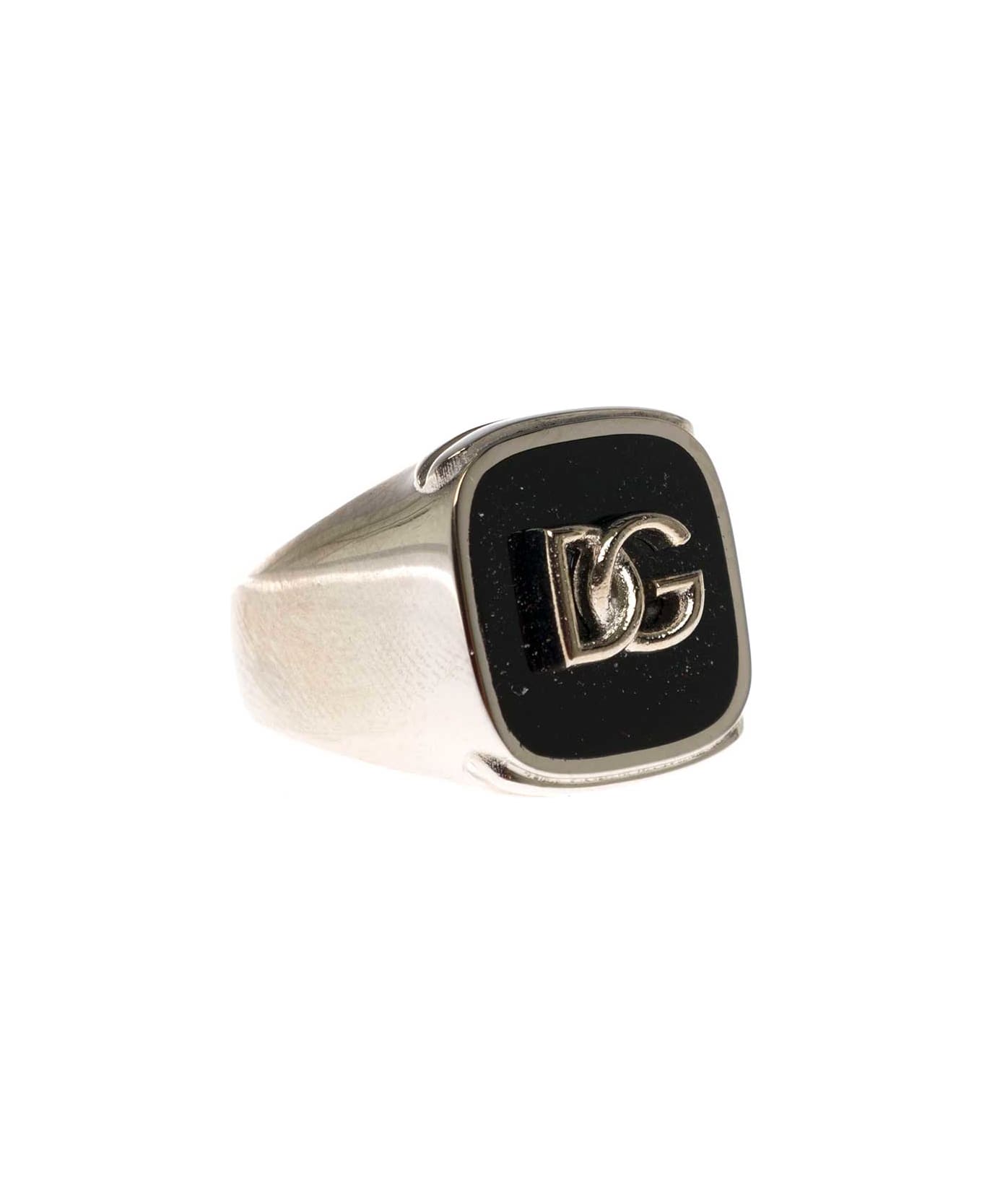 Dolce & Gabbana Man's Black Enameled Brass Ring With Logo - Metallic