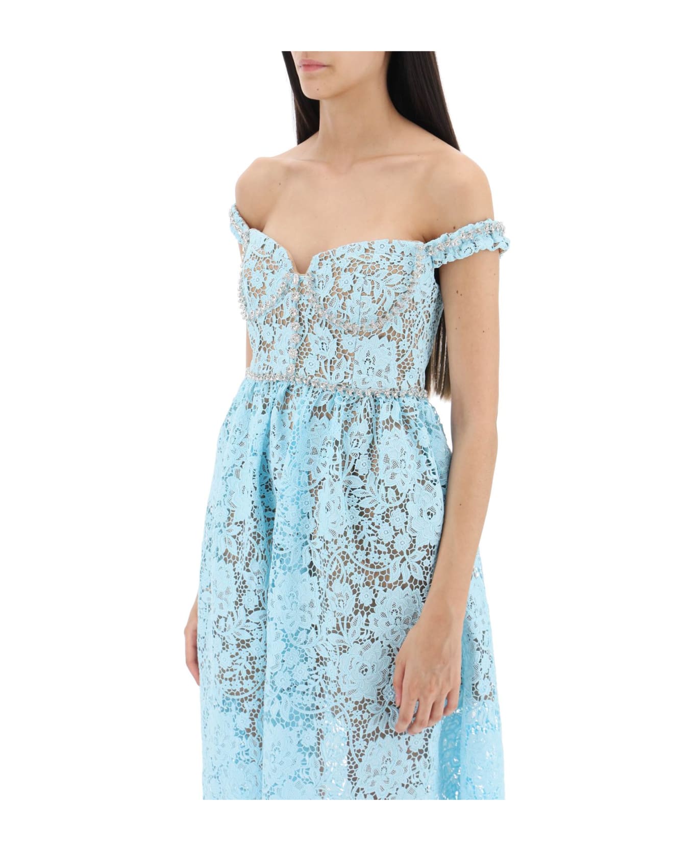 self-portrait Midi Dress In Floral Lace With Crystals - BLUE (Light blue)