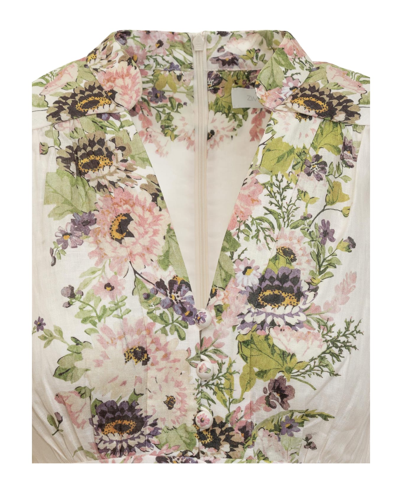 Zimmermann Halliday Plunge Multi Floral Dress - CREAM MULTI FLORAL