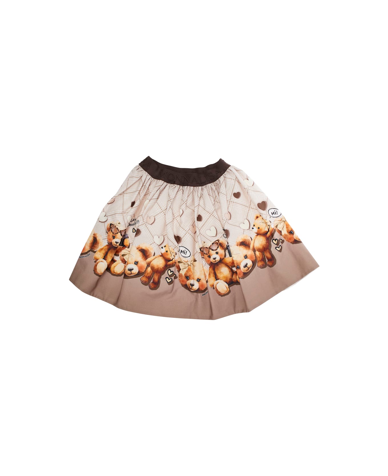 Monnalisa Beige Skirt With Elastic Waist With Logo Lettering And All-over Print In Cotton Stretch Girl - Beige