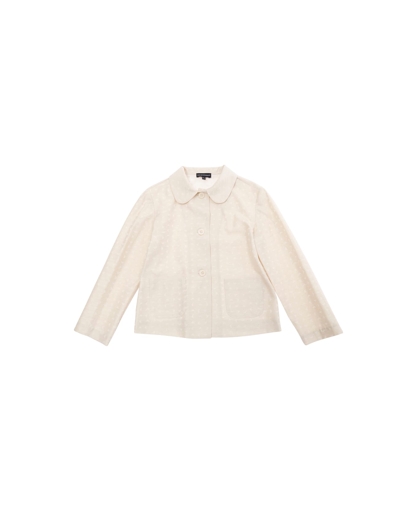Emporio Armani Beige Jacket With Peter Pan Collar And All-over Logo Embroidery In Tech Fabric Baby - Beige