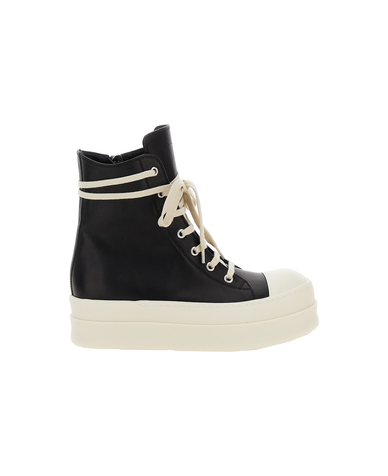 Rick Owens 'mega Bumper' Black High Top Sneakers With Oversized Laces And Platform In Leather Woman - White