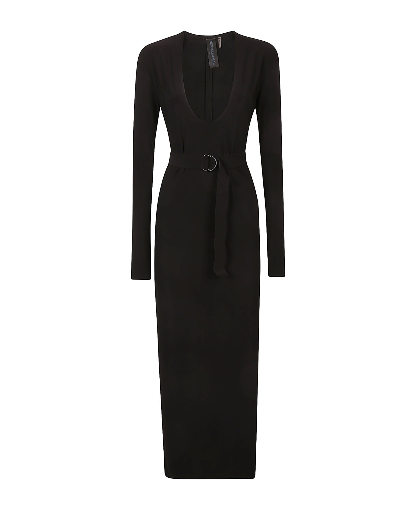 Norma Kamali Long Sleeve U Neck Side Slit Dress - Black ワンピース＆ドレス