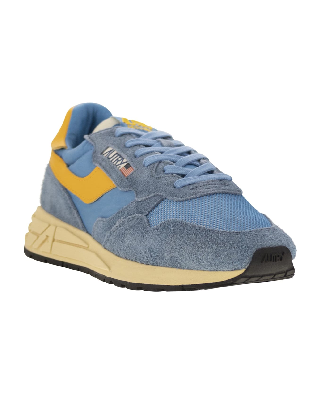 Autry Reelwind - Suede And Technical Textile Trainer - Light Blue/yellow