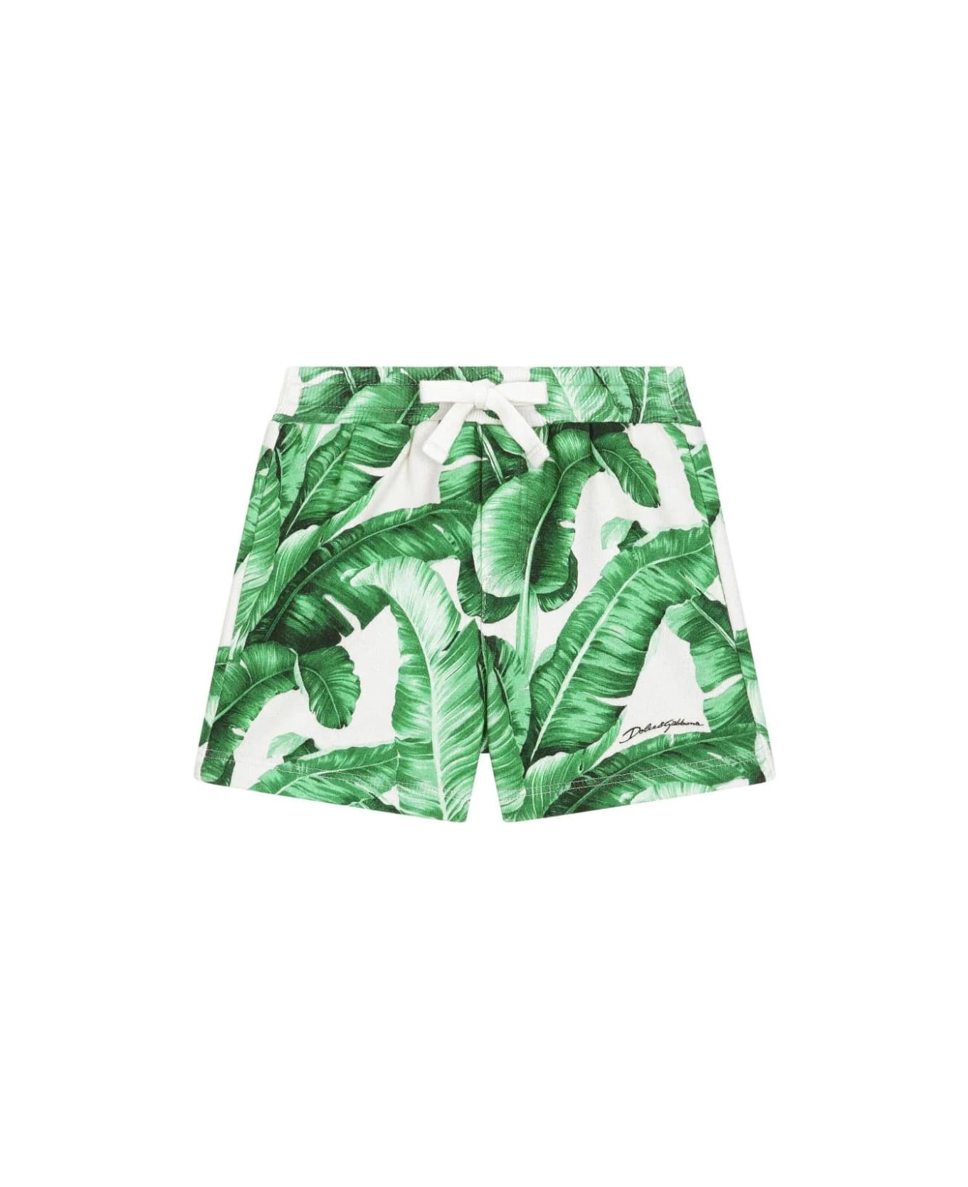 Dolce & Gabbana White Jogging Shorts With Green Banano Print - White ボトムス