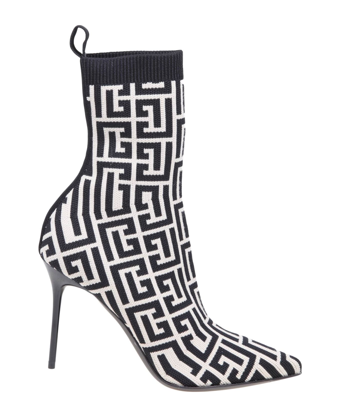 Balmain Black And Ivory Knitted Monogram Ankle Boots - IVOIRE/NOIR
