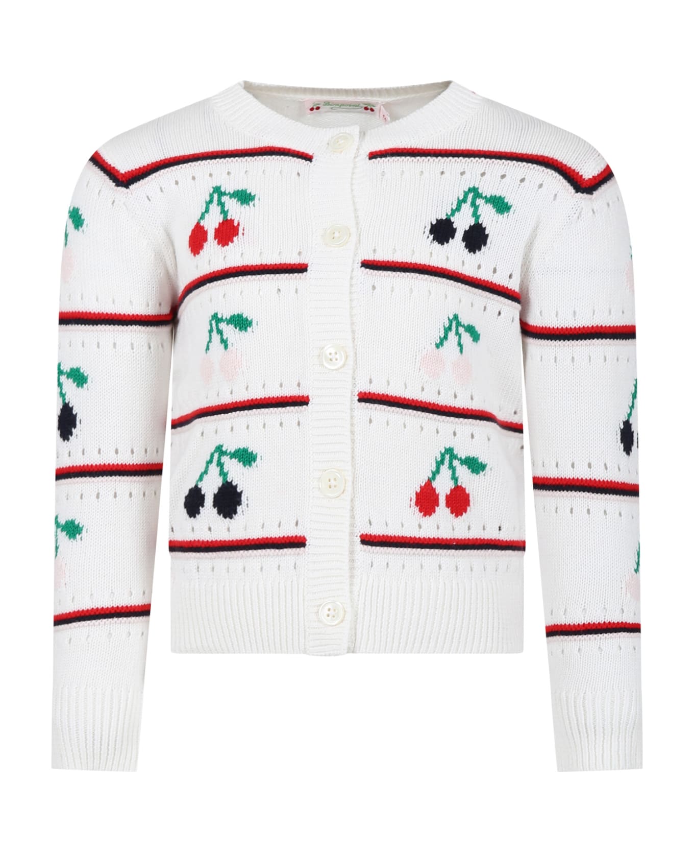 Bonpoint White Cardigan For Girl With Embroidered Cherries - White ニットウェア＆スウェットシャツ